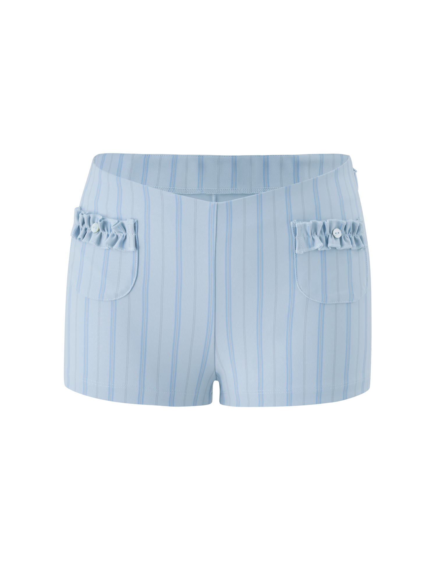 The VALERIE RUFFLE HOT SHORT - BLUE STRIPE by TIGERMIST features a flattering V-cut waistband, ruffle pockets, and front button details, shown against a white background.