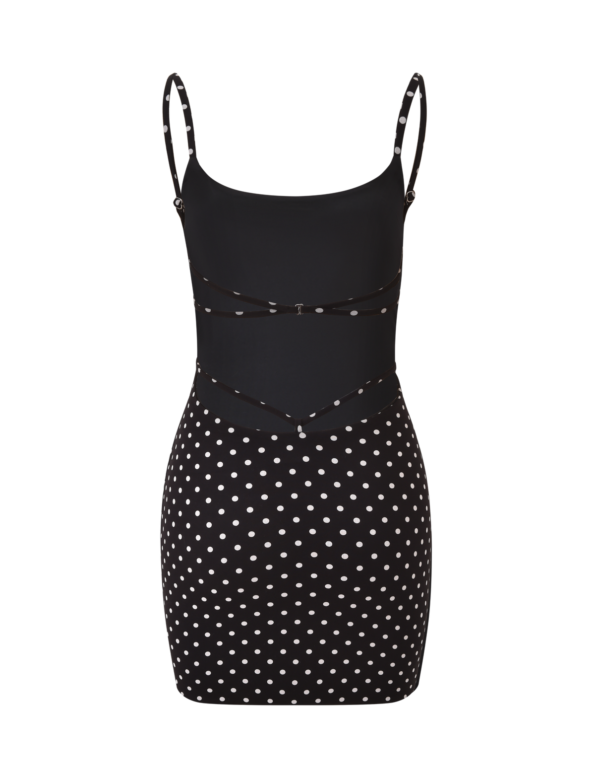 The TIGERMIST MINERVA MINI DRESS 2.0 in black polka dot features a fitted bodice, adjustable straps, thin waist detailing, and a sleeveless bodycon design with chic polka dots on the skirt and lower bodice.