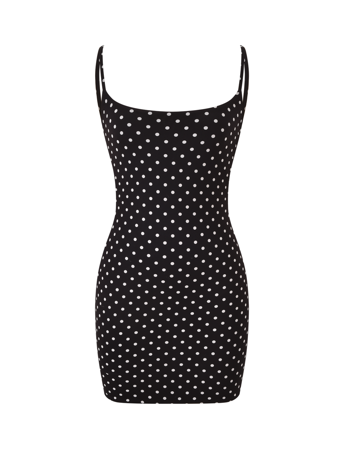 The TIGERMIST MINERVA MINI DRESS 2.0 in black polka dot features a sleeveless design, adjustable shoulder straps, and a flattering bodycon fit, shown against a plain white background.