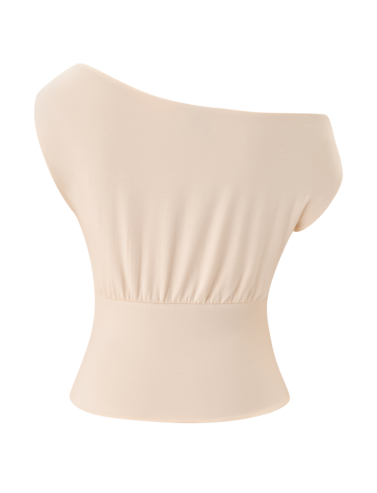 The TIGERMIST ALYSSA OFF SHOULDER TOP in cream features a fitted, corseted waist and gently gathered fabric below the bust, shown against a plain white background.