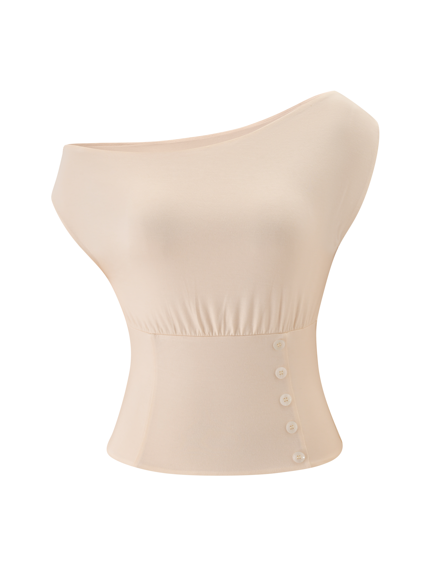 The ALYSSA OFF SHOULDER TOP by TIGERMIST is a cream, sleeveless top featuring an off-shoulder neckline, fitted waist, and five decorative side buttons. Its smooth, stretchy fabric creates a sleek, corset-inspired silhouette.