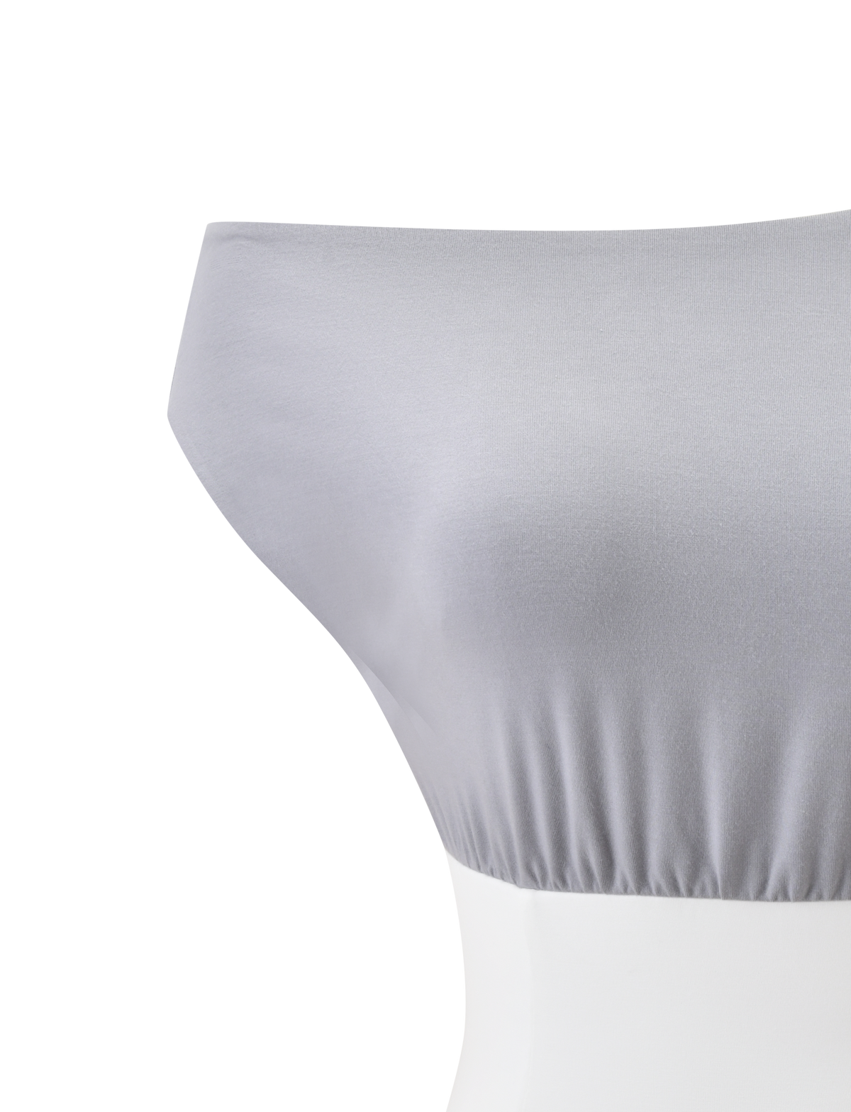 The ALYSSA OFF SHOULDER TOP - GREY by TIGERMIST features a smooth light gray finish, subtle hem ruching, and hints of a corseted waist, showcased on a white mannequin against a plain white background.