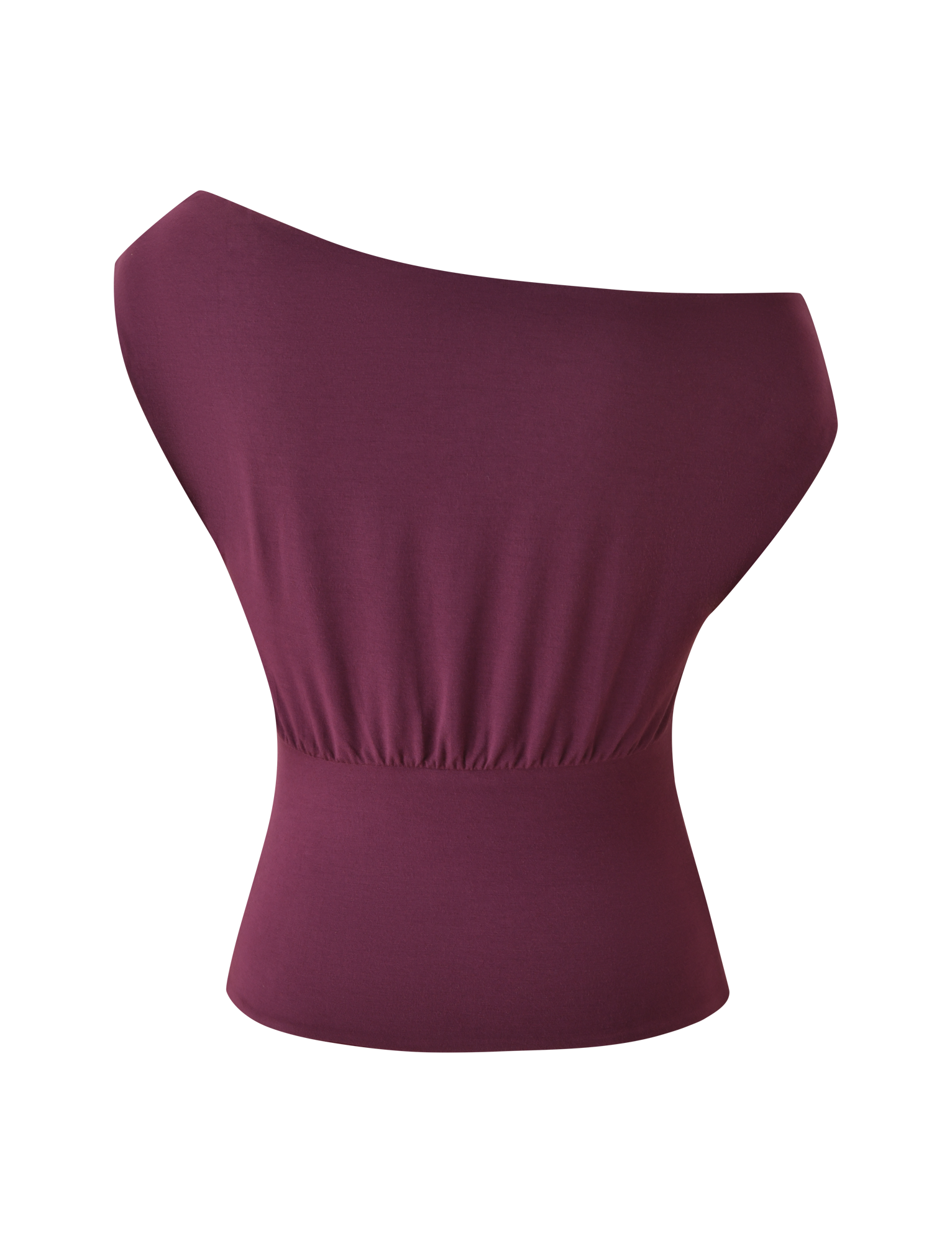 The TIGERMIST ALYSSA OFF SHOULDER TOP in plum is a sleeveless women’s top featuring an asymmetrical neckline and gathered elastic waist, shown on a plain white background.