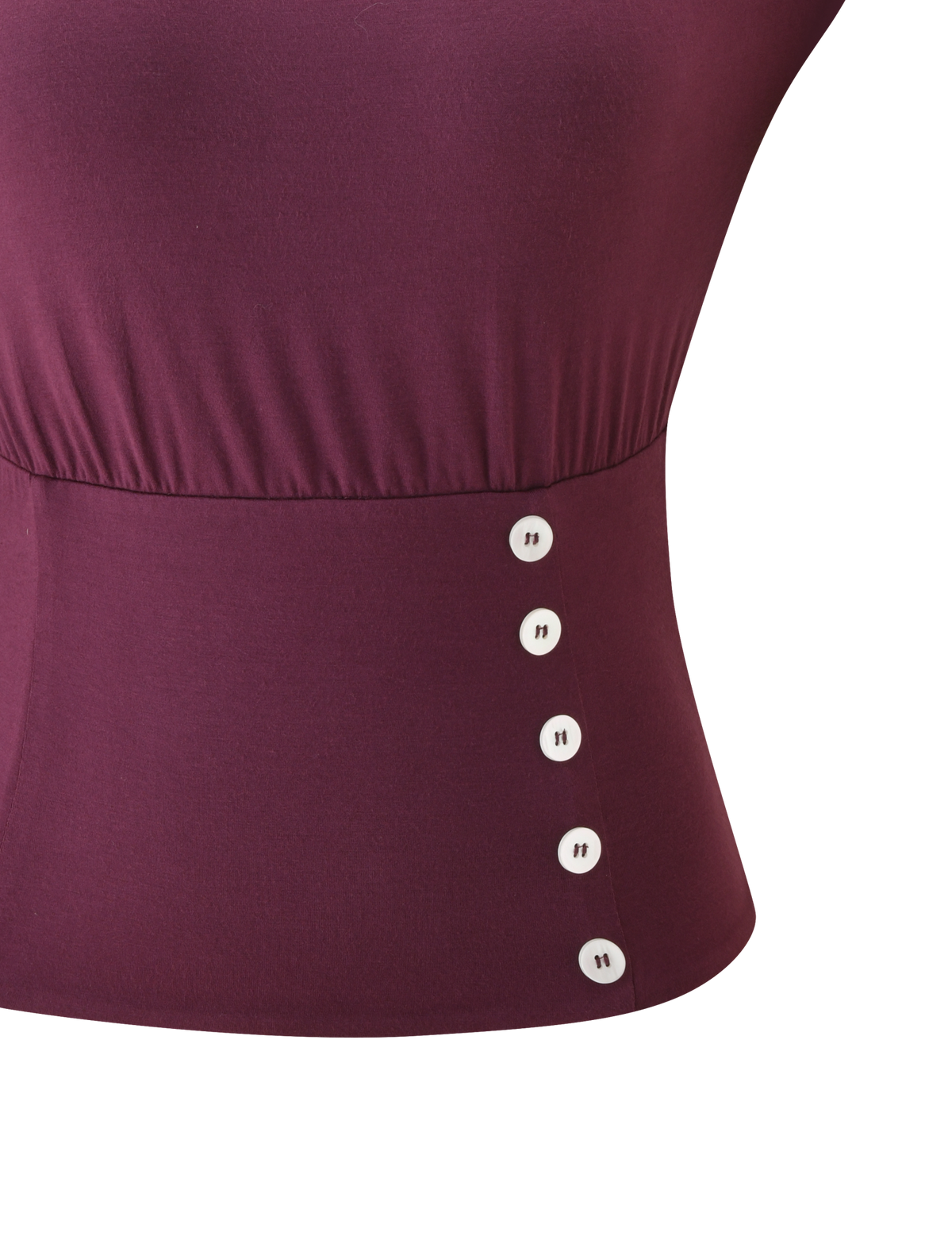 Close-up of the ALYSSA OFF SHOULDER TOP in plum by TIGERMIST, showcasing a corseted waist and five white buttons vertically aligned on the side.