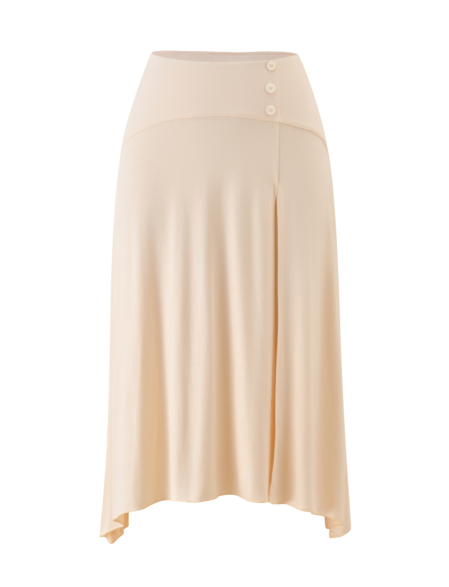 The TIGERMIST ALYSSA HI LO SKIRT in cream features an asymmetrical hem, front leg slit, wide waistband with three side buttons, and soft, flowing fabric for effortless elegance.