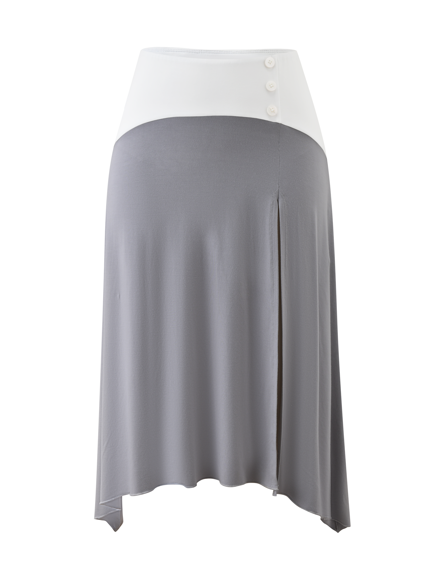 The ALYSSA HI LO SKIRT - GREY by TIGERMIST is a modern midi skirt with an asymmetrical hem, light gray color, wide white waistband with three side buttons, a front slit, and a flowy silhouette for a chic look.