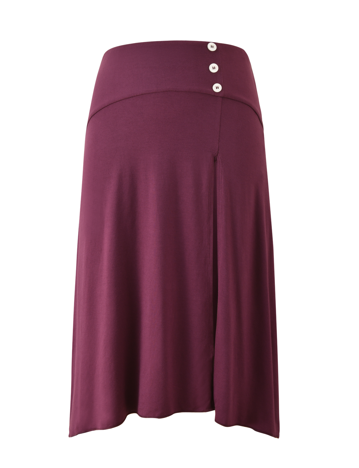 The TIGERMIST ALYSSA HI LO SKIRT in plum is a knee-length midi with a wide waistband, three white buttons on the top right, a front leg slit, and is crafted from soft, stretchy fabric.