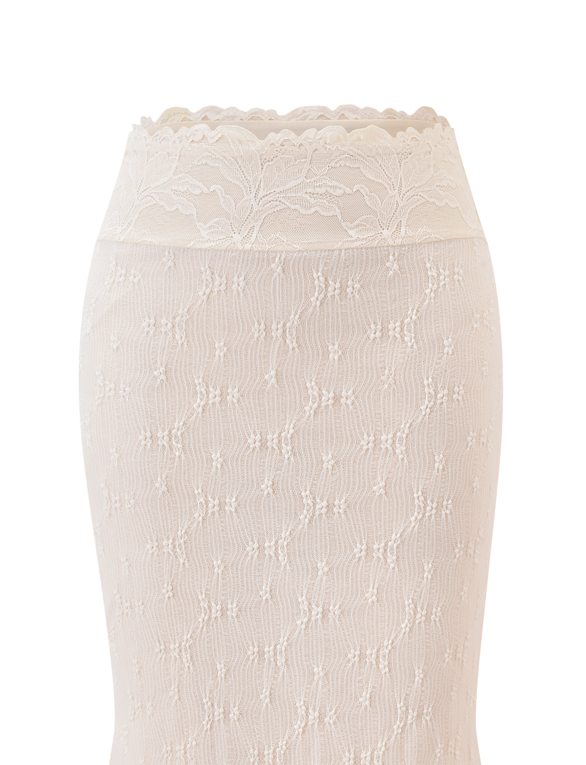 Close-up of the TIGERMIST KATERINA MIDI SKIRT in cream, featuring white stretch lace with floral and geometric patterns and a scalloped waistband, displayed against a plain white background.
