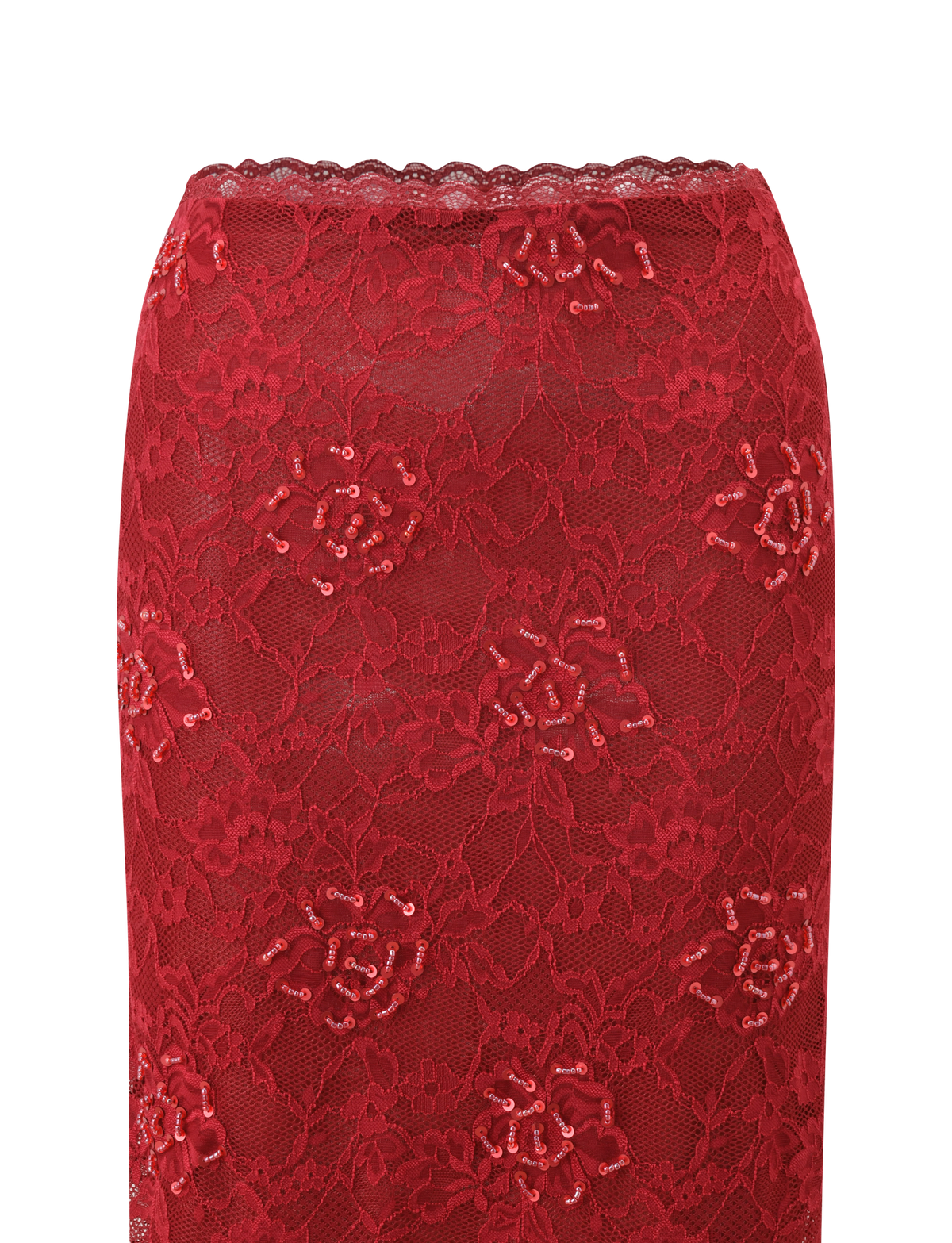 Close-up of the TIGERMIST KIRRA BEADED SEQUIN LACE MIDI SKIRT in red, featuring intricate floral patterns, small sequins, and a scalloped top edge, displayed on a white background.