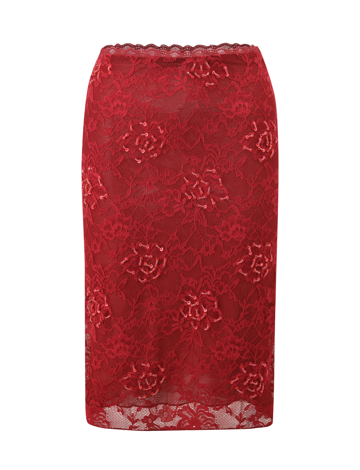 The KIRRA BEADED SEQUIN LACE MIDI SKIRT in red by TIGERMIST, featuring delicate beaded sequin lace and a scalloped waistband, is displayed against a plain white background.