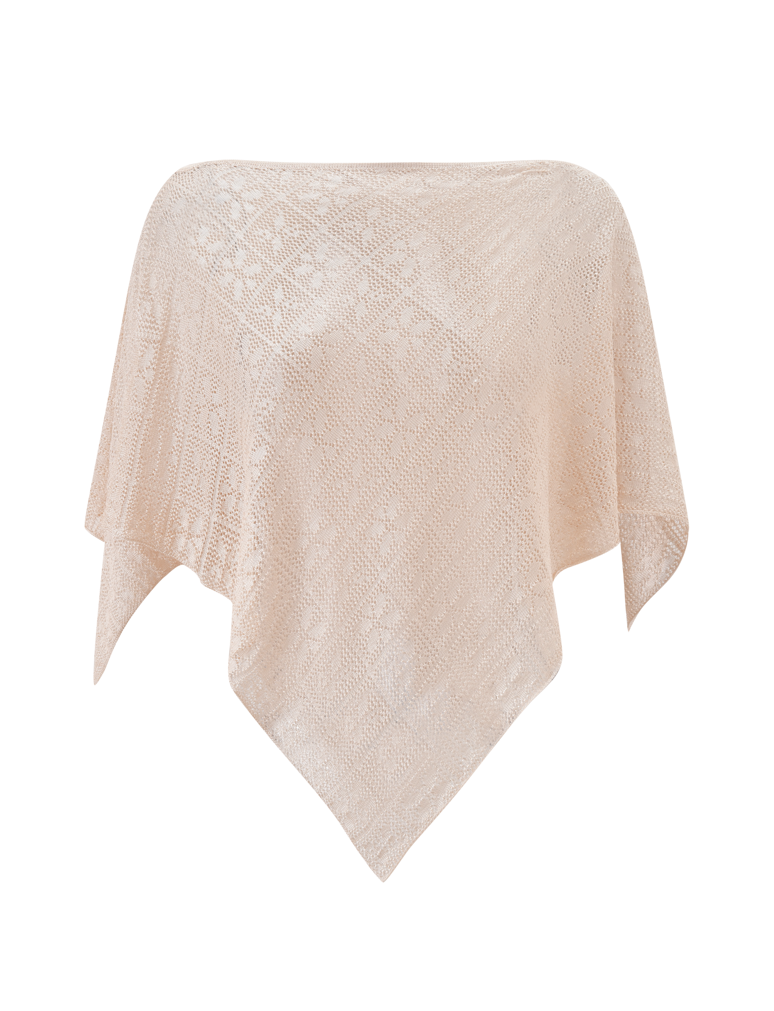 The FERN CROCHET PONCHO - CHAMPAGNE by TIGERMIST features a light beige, square lace design with intricate patterns, styled as a festival-ready essential and draped on an invisible mannequin against a white background.