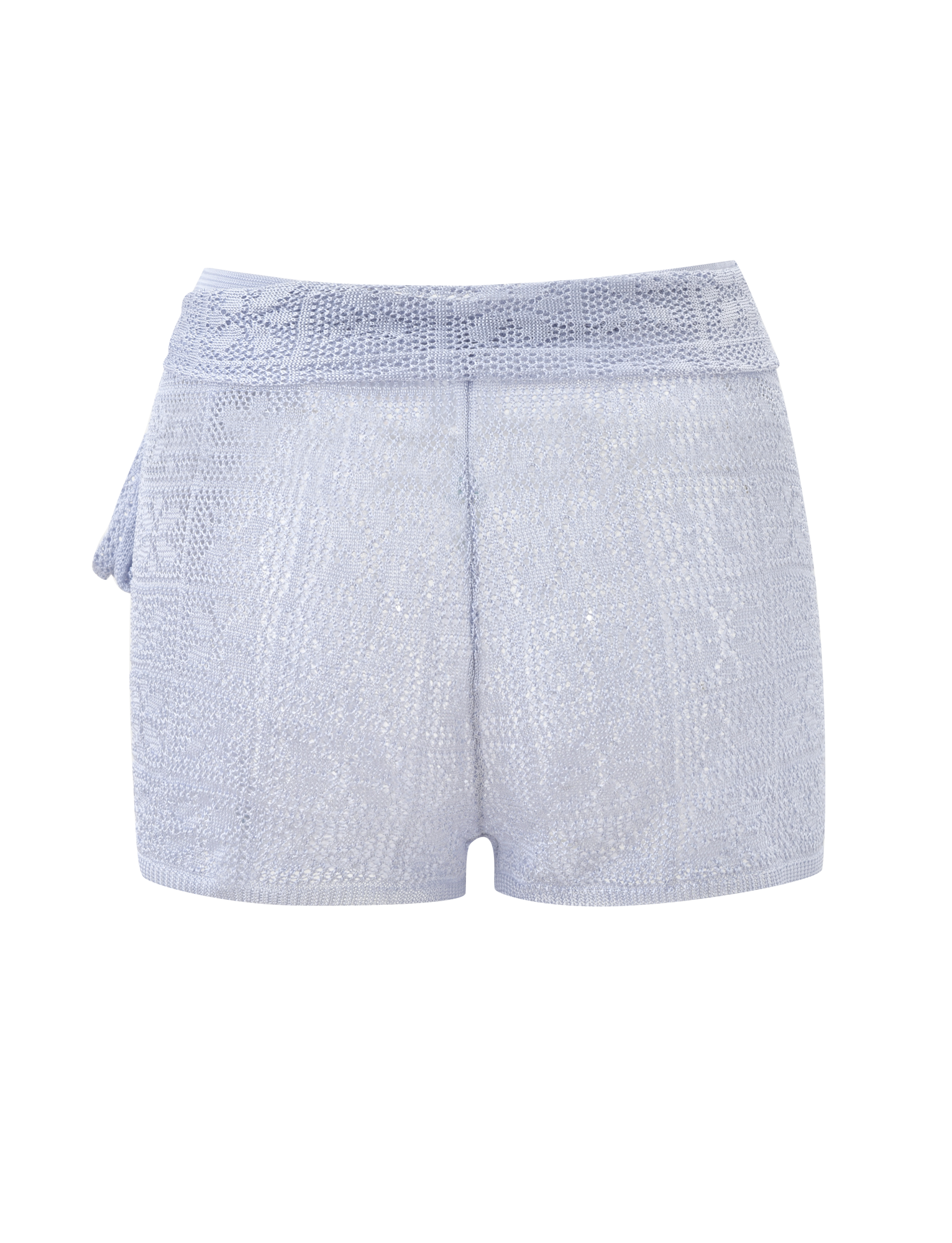 The TIGERMIST FERN CROCHET SHORT - SILVER is a light blue, high-waisted short with a custom crochet design, textured pattern, and an adjustable fabric tie waistband on the left side, shown against a white background.