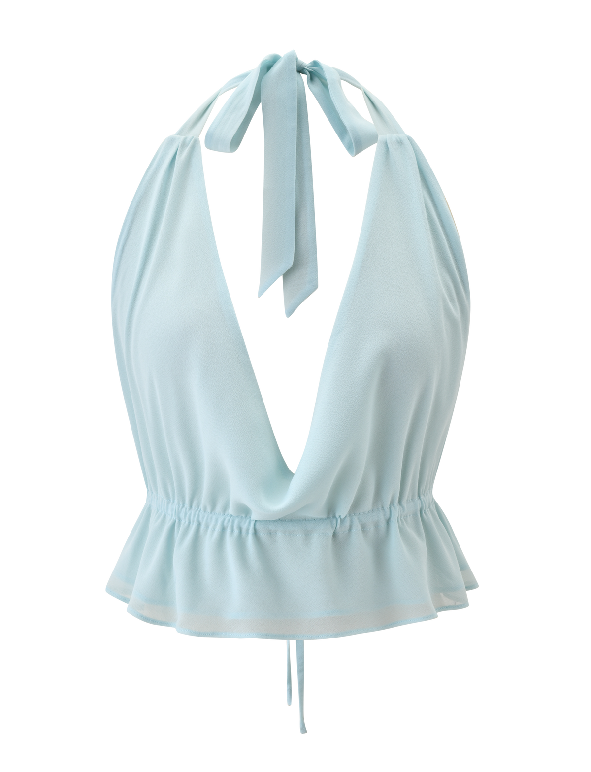 The TIGERMIST VEDA OPEN BACK COWL TOP in seafoam features an adjustable halter neck, deep V-neckline, elasticated waist, and ruffled peplum hem, shown on a plain white background.