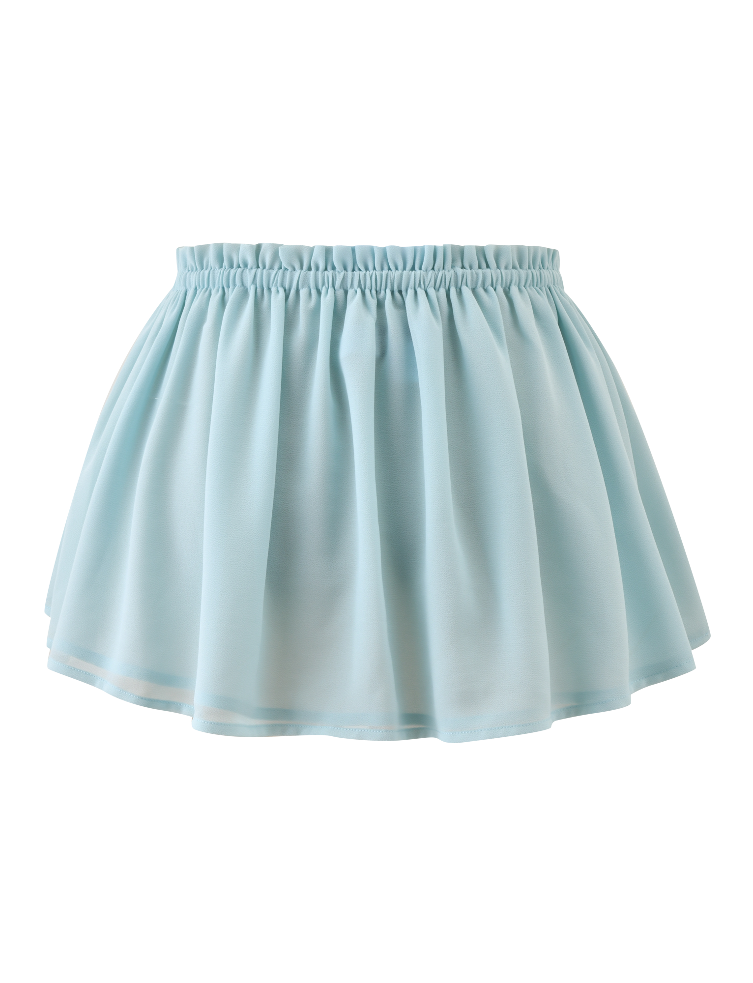 The TIGERMIST VEDA RUCHED MINI SKIRT in seafoam features a flounce silhouette and elastic waistband, crafted from lightweight fabric for a soft, airy look. Photographed on a plain white background for a fresh vibe.