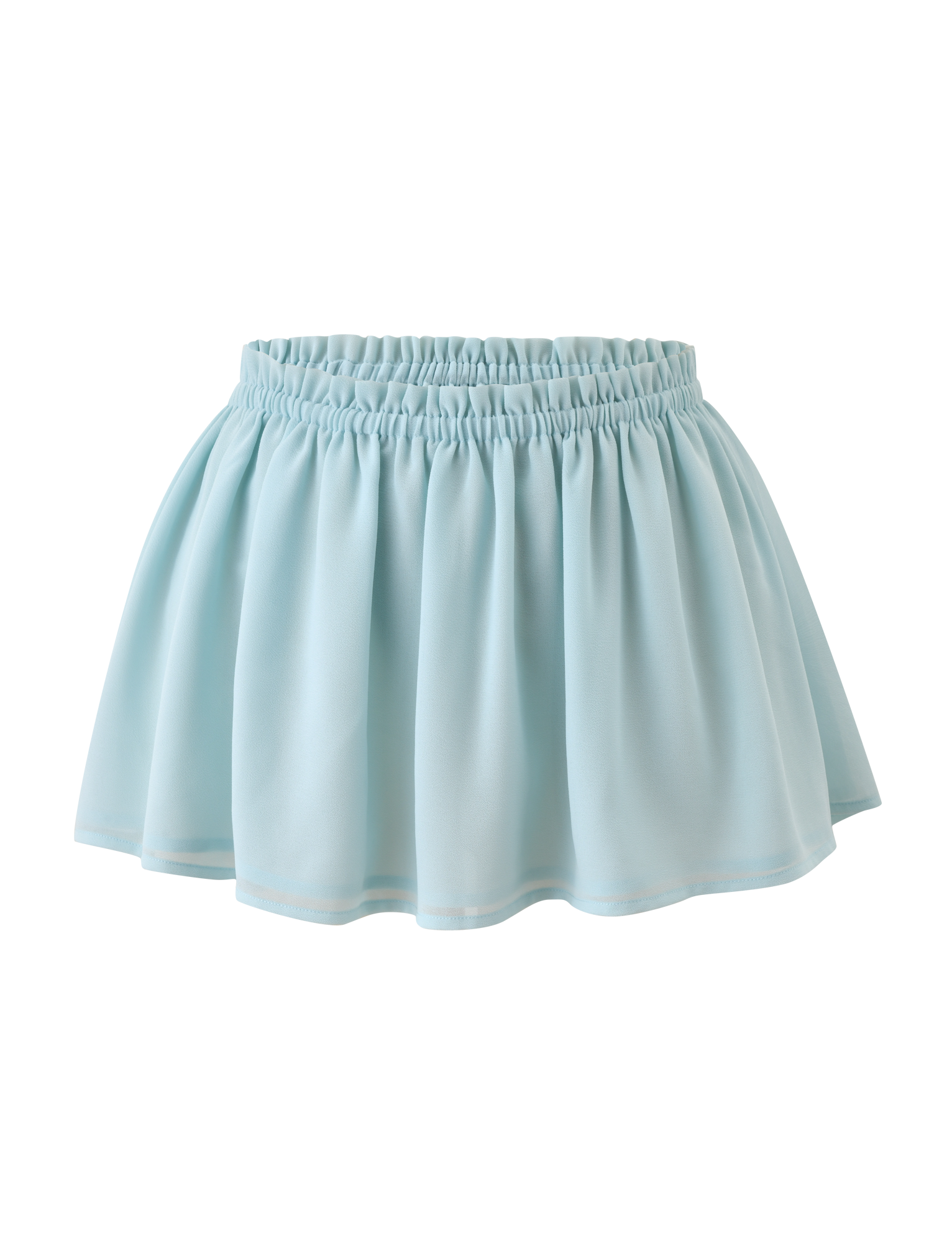 The TIGERMIST VEDA Ruched Mini Skirt in Seafoam features a flounce silhouette with an elastic waistband. Made from soft, flowy fabric for an airy look, this skirt is showcased against a white background.