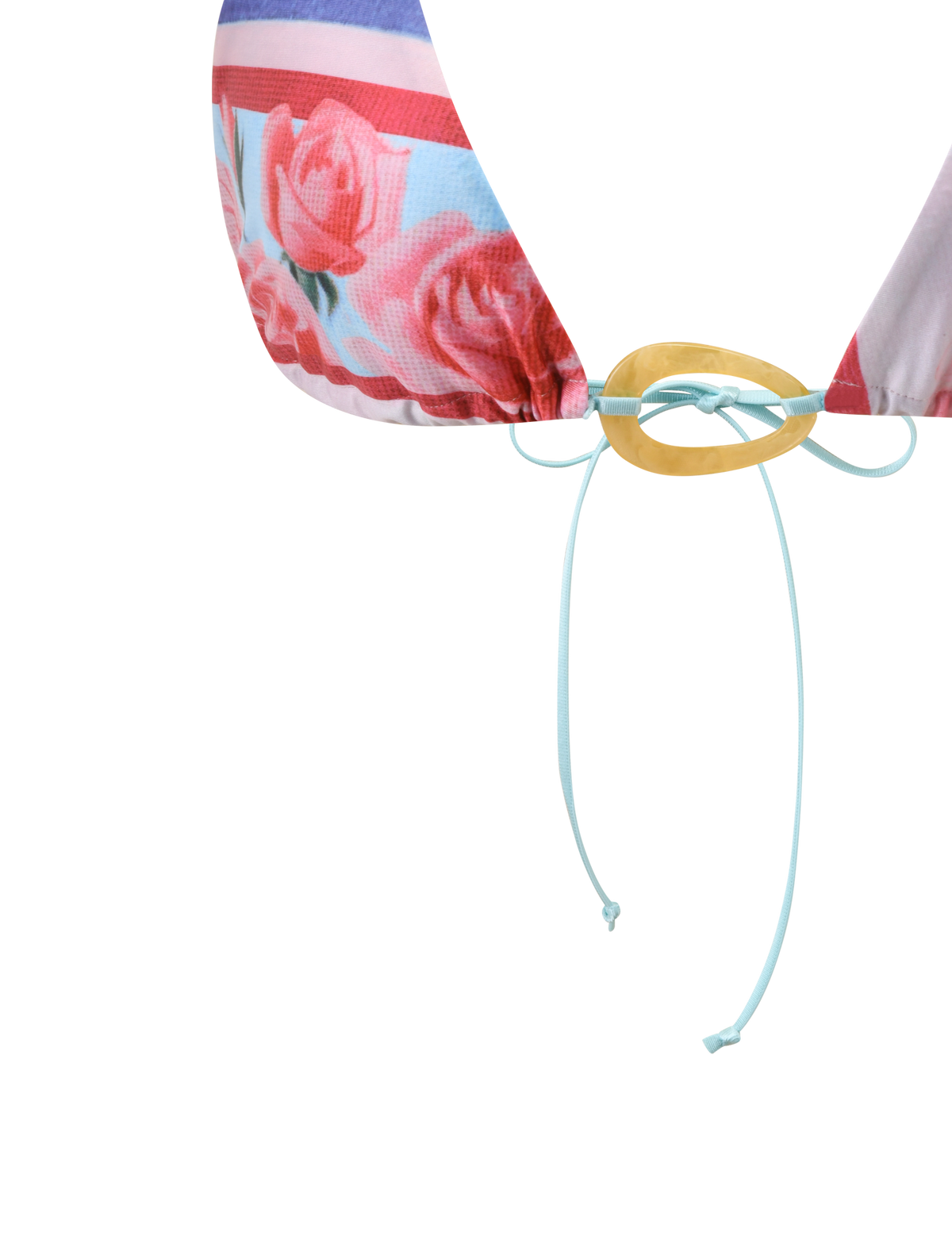 Close-up of the TIGERMIST FINLEA RESIN RING BIKINI TOP in Postcard Print, showcasing pink and red roses, blue and pink stripes, a yellow resin ring at the center, and light blue adjustable bow-tied strings on a plain white background.