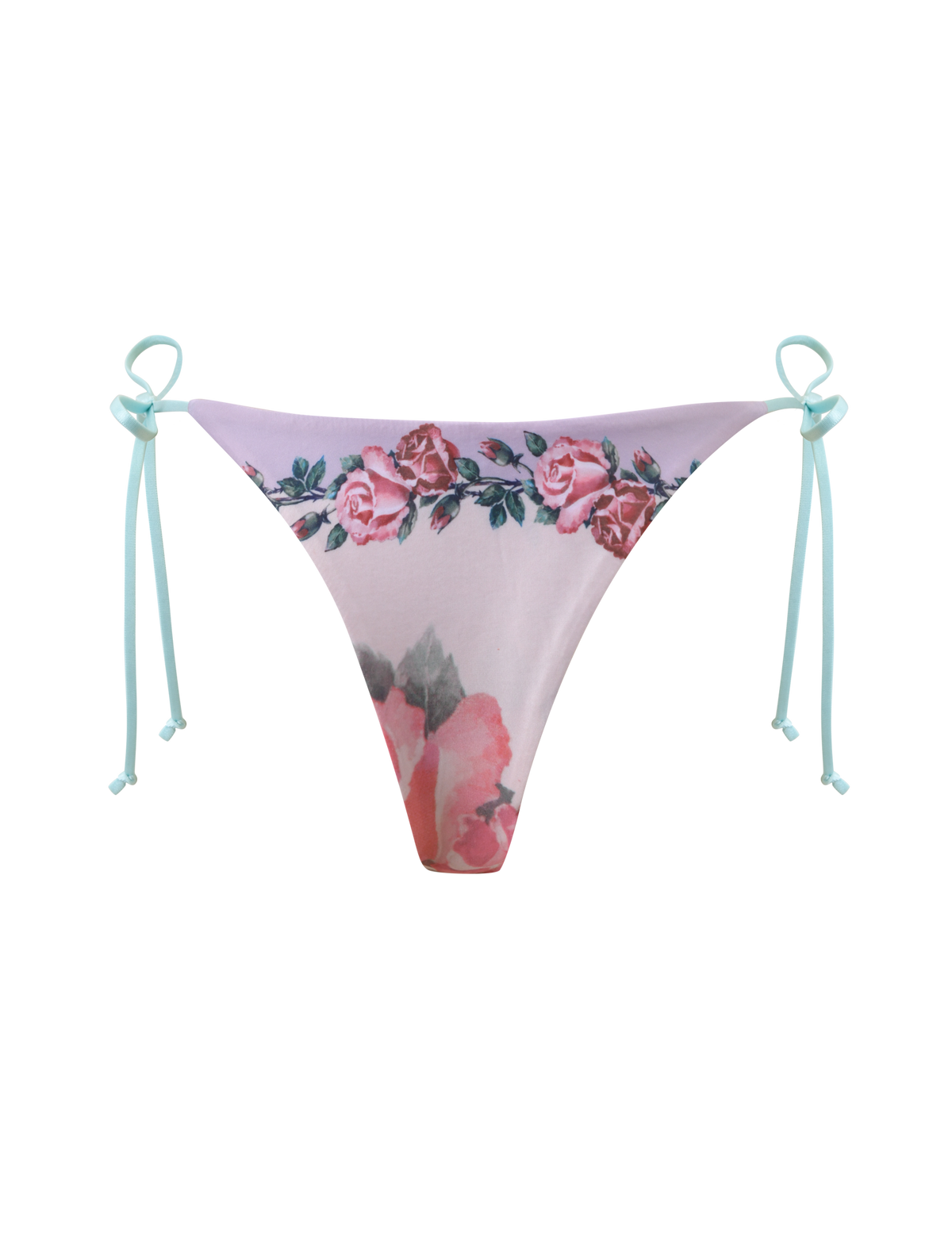 The TIGERMIST FINLEA RESIN RING BIKINI BOTTOM in postcard print features a pink floral design with blue side ties, shown on a plain white background.