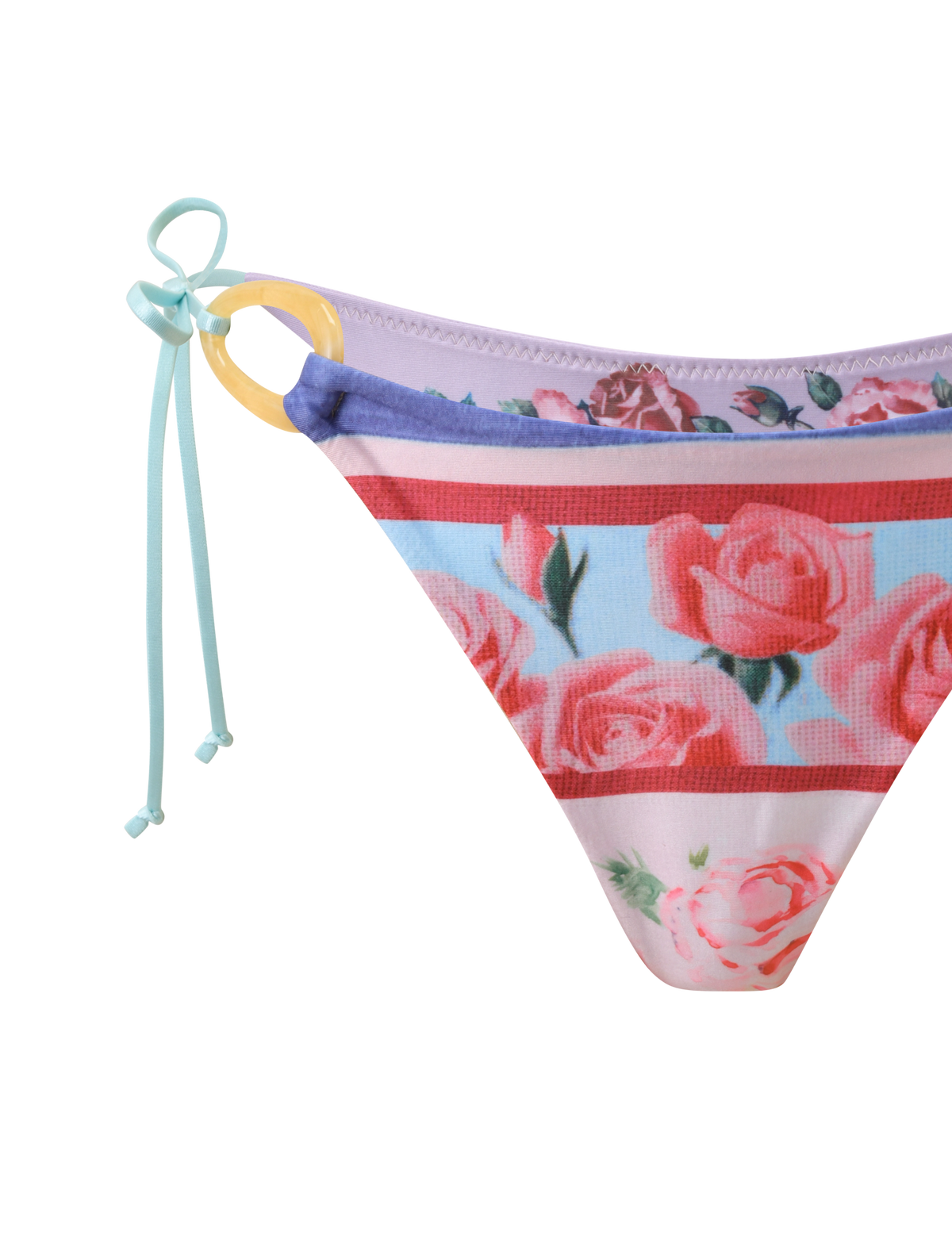 A close-up of the TIGERMIST FINLEA RESIN RING BIKINI BOTTOM - POSTCARD PRINT, featuring pink, red, blue, and lavender stripes, a yellow resin ring, light blue side tie, and cheeky cut on a white background.