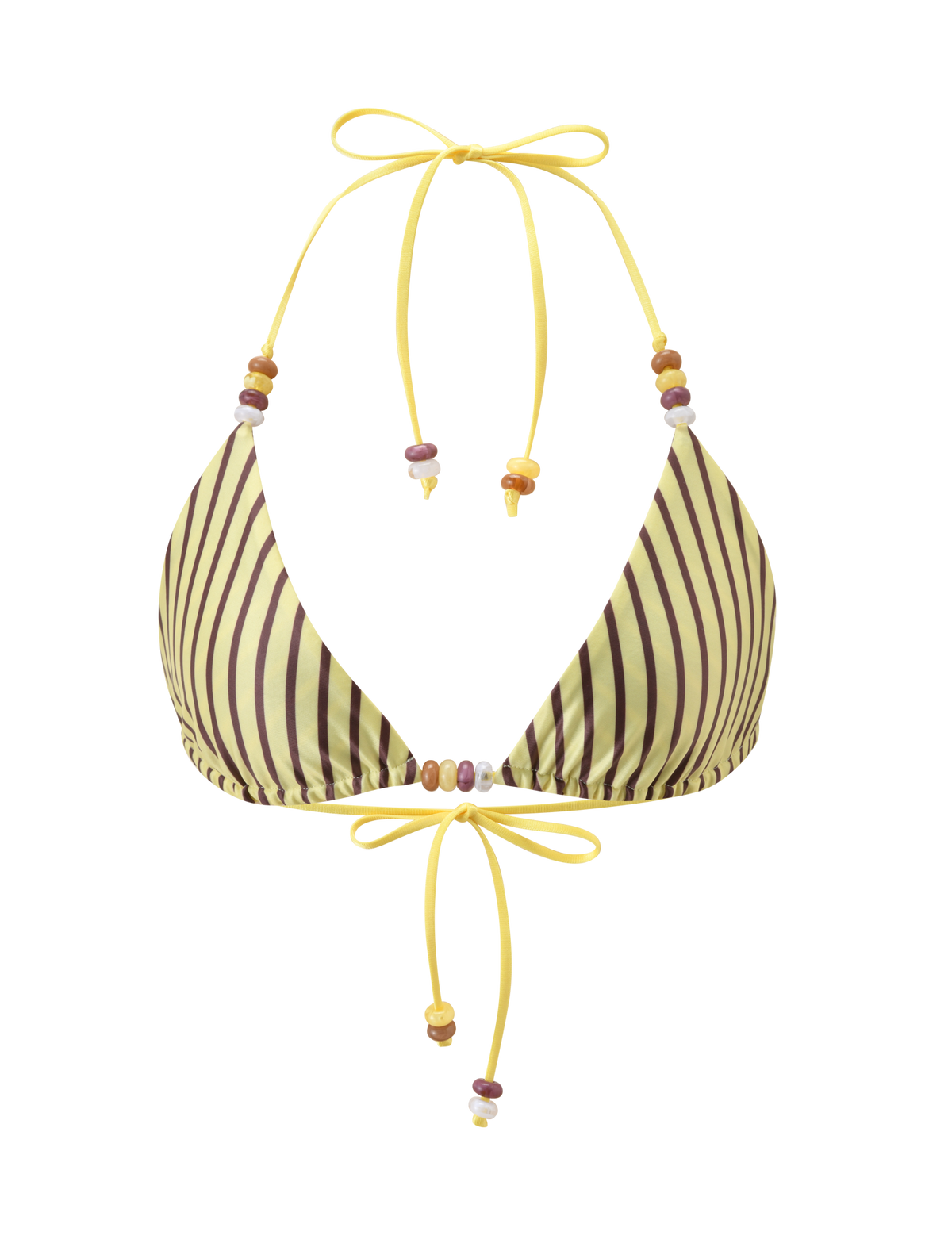 The FINLEA REVERSIBLE BIKINI TOP by TIGERMIST features brown and yellow stripes, a halter neck with thin yellow straps, and colorful bead accents. Shown on a plain white background.