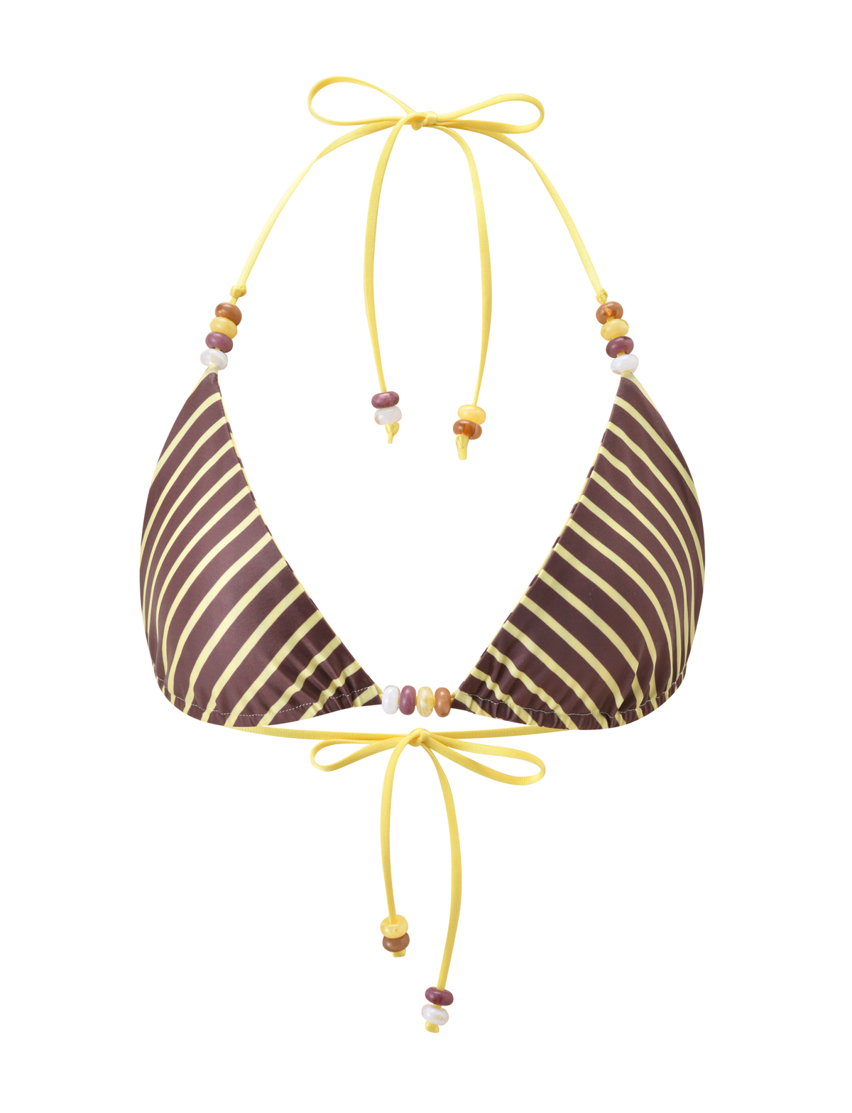 The TIGERMIST FINLEA REVERSIBLE BIKINI TOP features brown and yellow stripes, beaded yellow straps, and a halter neck, shown on a plain white background.