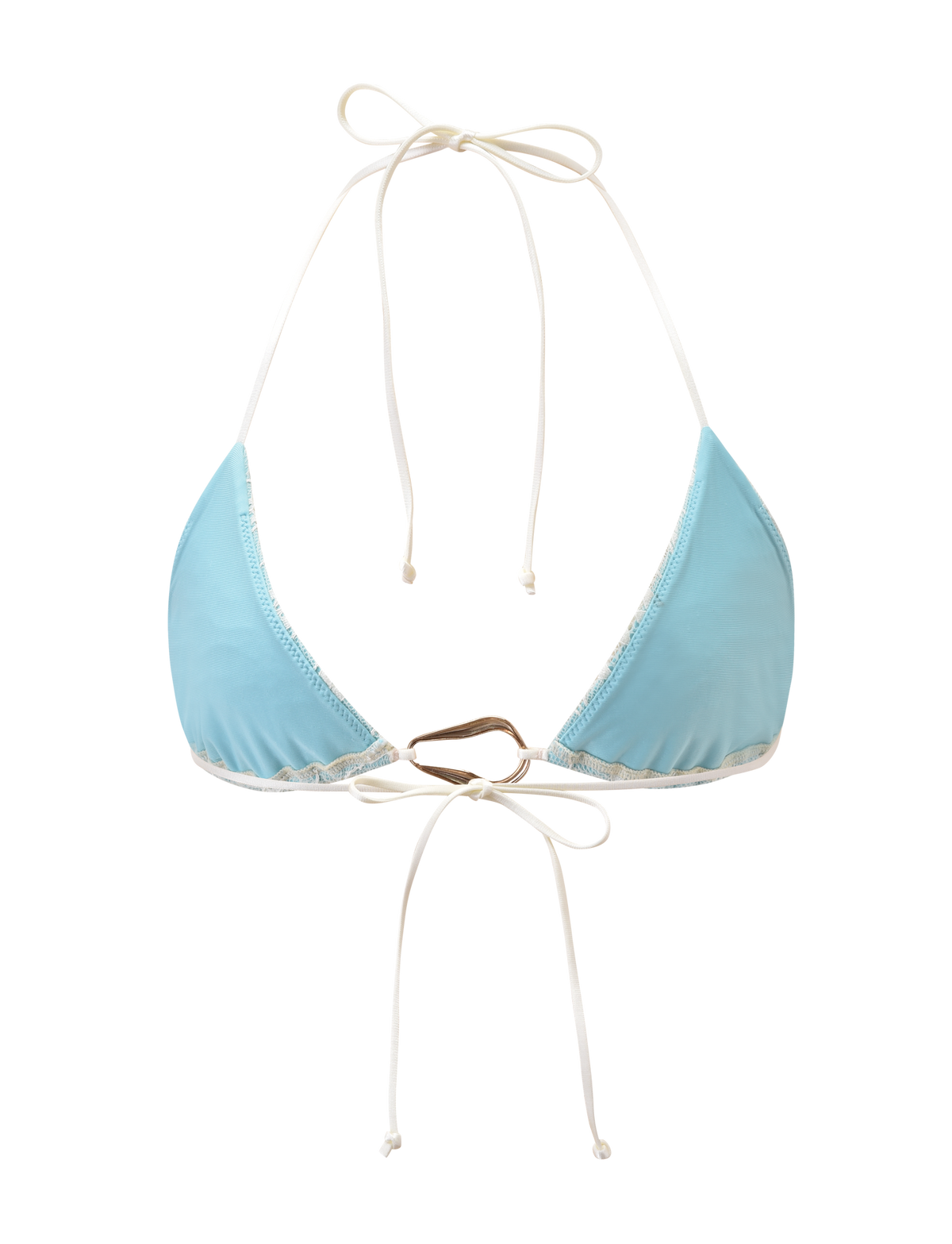 The TIGERMIST SIKA BIKINI TOP - BLUE LACE is a light blue halter neck top with thin white tie straps at the neck and back, shown on a plain white background.