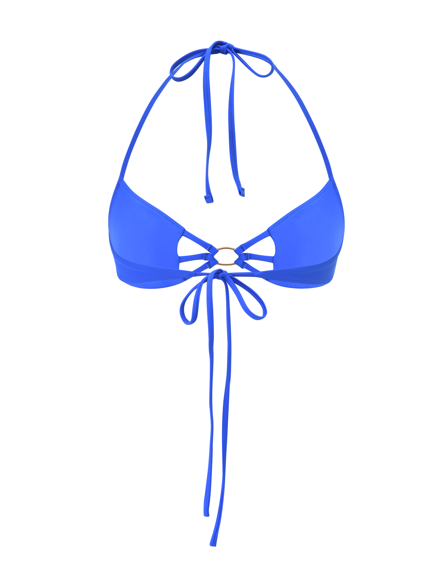 The SHARLI BIKINI TOP by TIGERMIST features a bright cobalt blue hue, halter neck and back ties, a central gold ring connecting the cups, and extra crisscross string details.