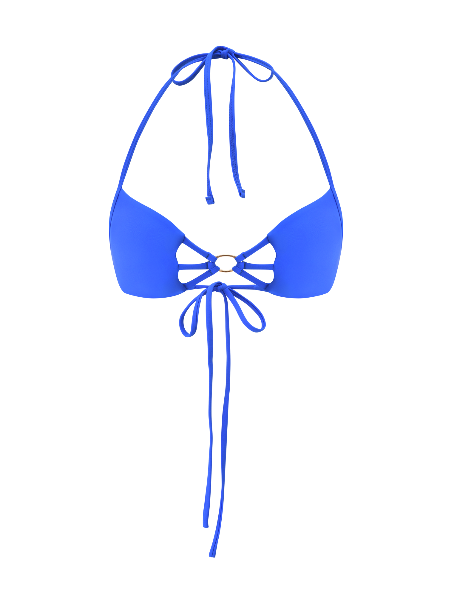The SHARLI BIKINI TOP by TIGERMIST in cobalt blue features a halter neck, long thin ties, gold center ring detail, three side cutouts, and extra bottom ties for fastening.