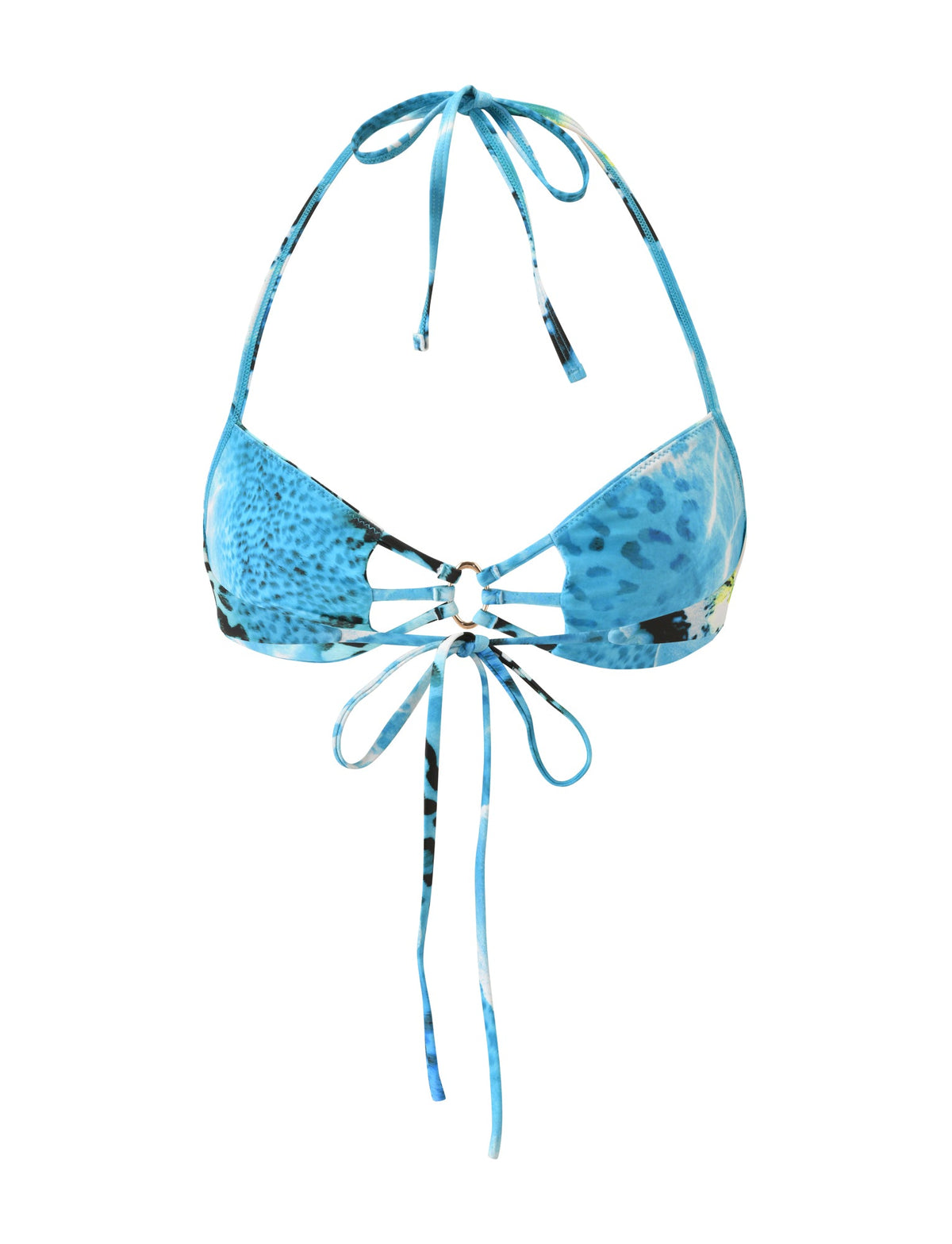 SHARLI BIKINI TOP - OCEAN ORCHID in a blue animal print featuring a halter neck, a central gold-tone ring, and tie-front detail.