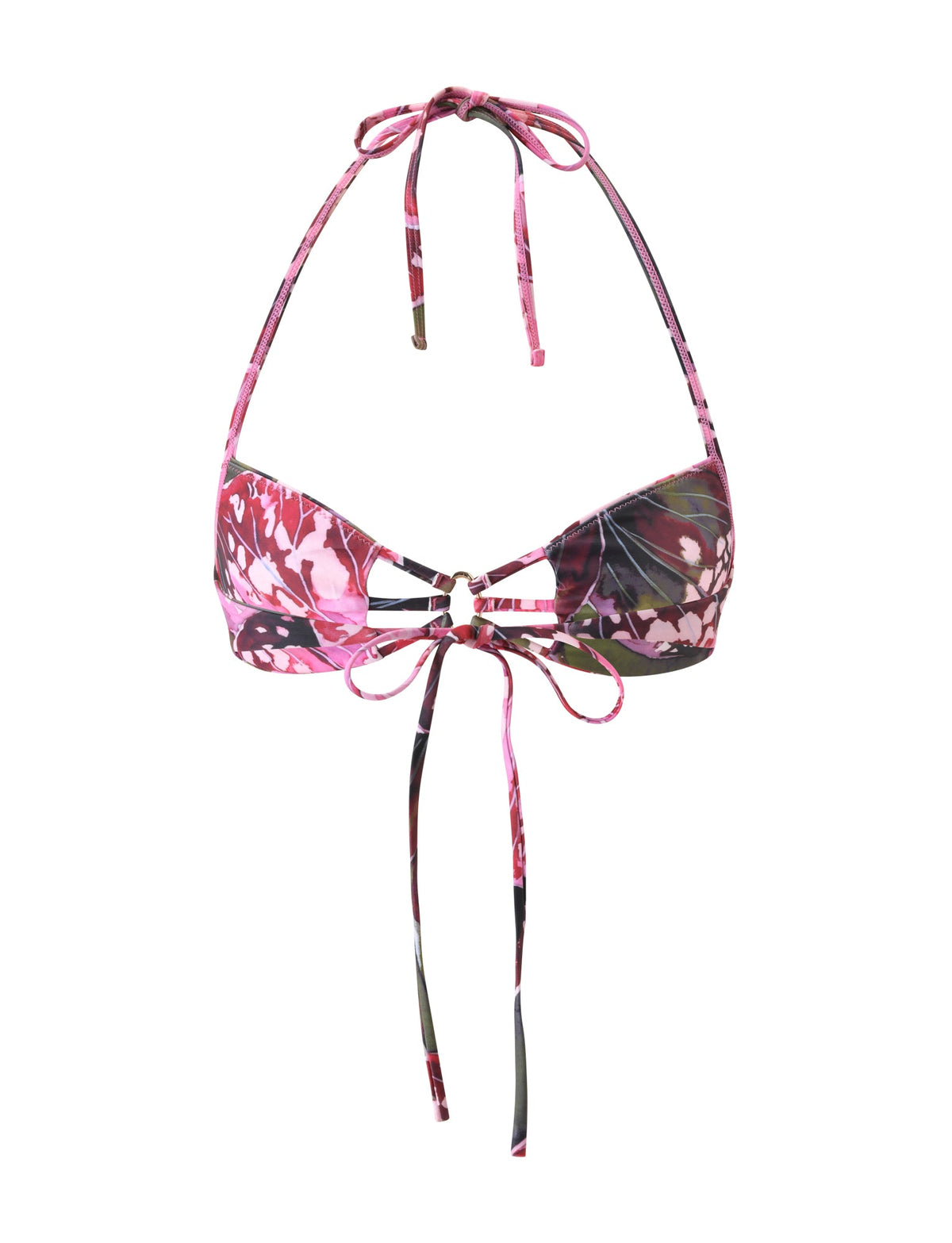 SHARLI BIKINI TOP - VELVET BLOOM in pink and dark floral, featuring thin halter straps, a center ring detail, and a front tie.