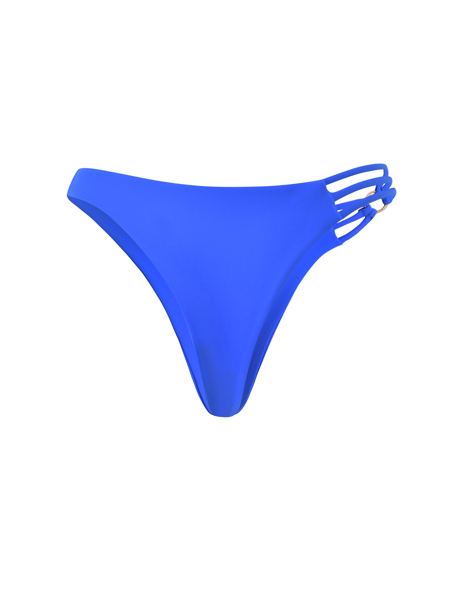 The TIGERMIST SHARLI BIKINI BOTTOM in cobalt blue features a cheeky cut and three slim decorative side straps on one hip, shown against a plain white background.