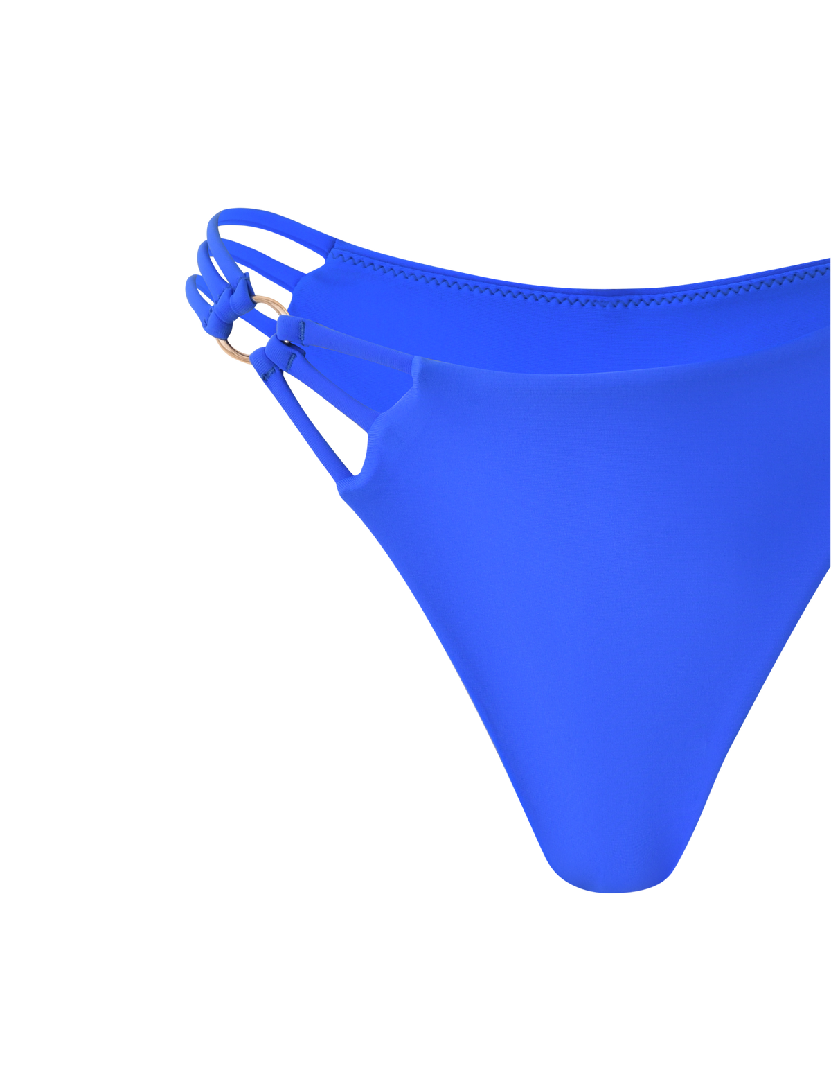 Close-up of TIGERMIST’s SHARLI BIKINI BOTTOM - COBALT BLUE, featuring cheeky bikini cut, double side straps, and gold ring detail, shown against a plain white background.