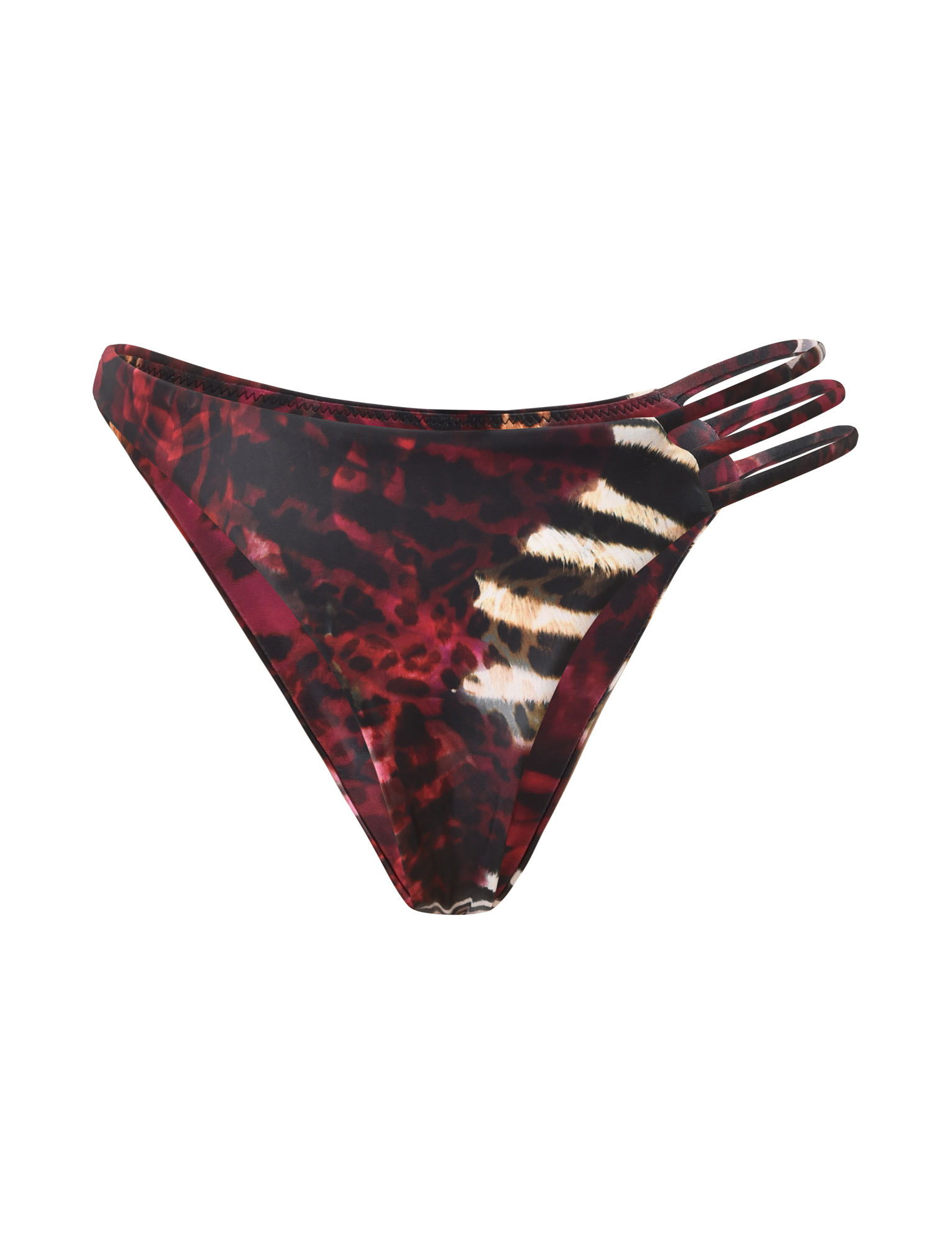 The SHARLI BIKINI BOTTOM by TIGERMIST features a mixed animal print in red and black with three thin side straps on one side, showcased against a plain white background.