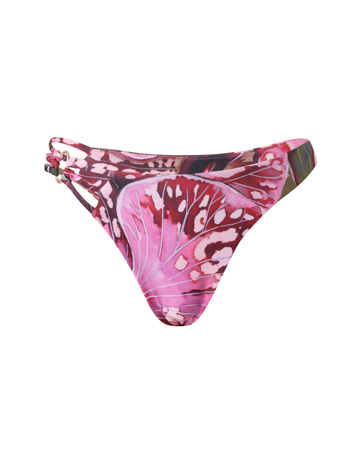 SHARLI BIKINI BOTTOM - VELVET BLOOM high-cut cheeky bikini bottom in a pink and dark red floral print with thin, multi-strap side detailing featuring gold hardware.