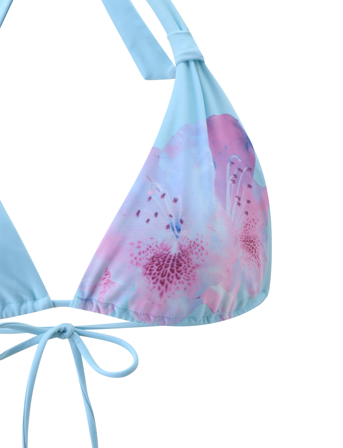 Close-up of the SID BIKINI TOP - BLUE by TIGERMIST, featuring an adjustable halter neck and a bold pink and purple floral print on one cup, shown against a plain white background.
