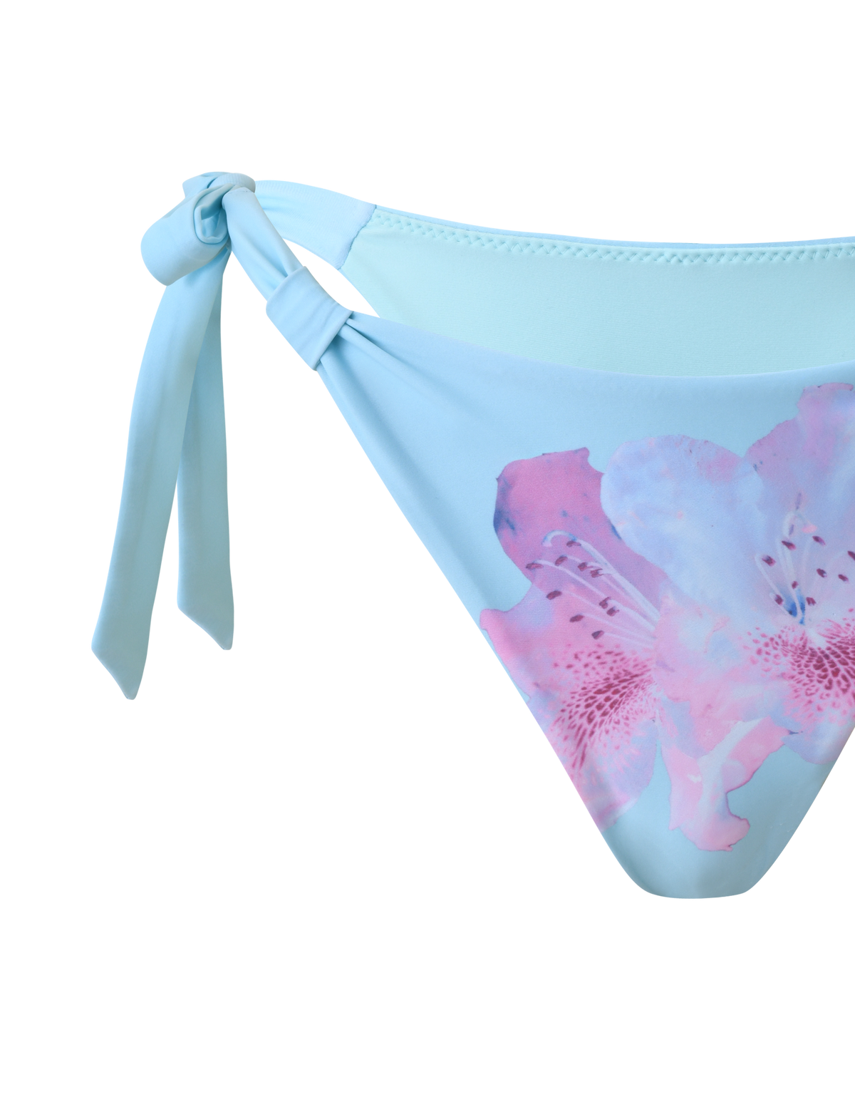 The TIGERMIST SID BIKINI BOTTOM - BLUE features adjustable left side ties and a bold pink and purple floral print on the right front, shown against a white background.