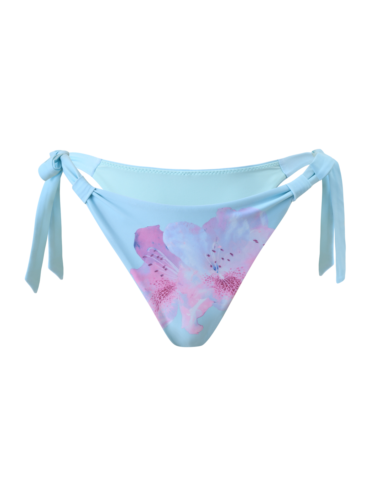 The SID BIKINI BOTTOM - BLUE by TIGERMIST features a light blue shade, adjustable side ties, and a striking pink, purple, and white floral print on the front, shown against a plain white background.
