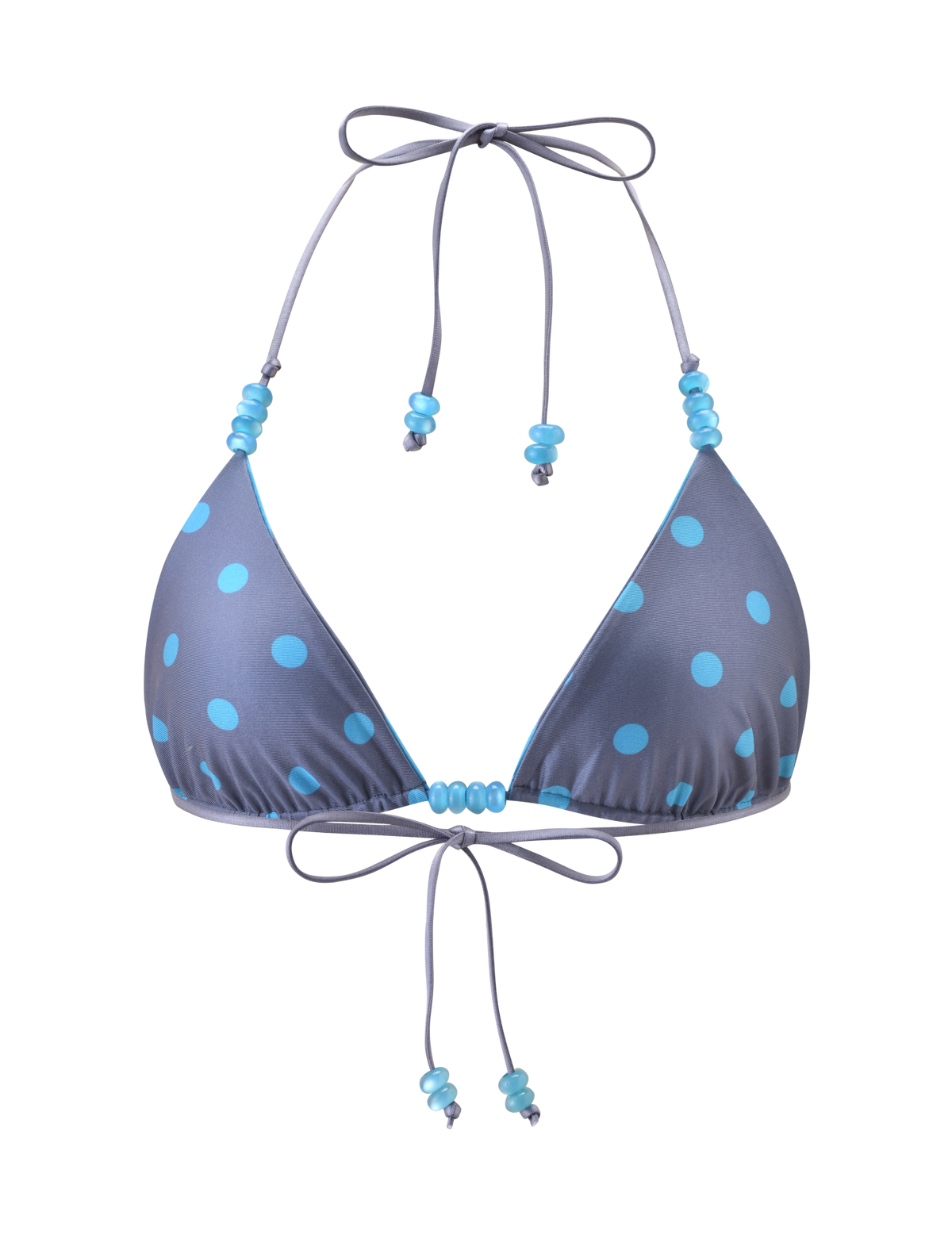The TIGERMIST FINLEA Reversible Bikini Top features a gray halter neck design with blue polka dots and stripe pattern, accented by blue beads on the neck and front ties, shown against a white background.