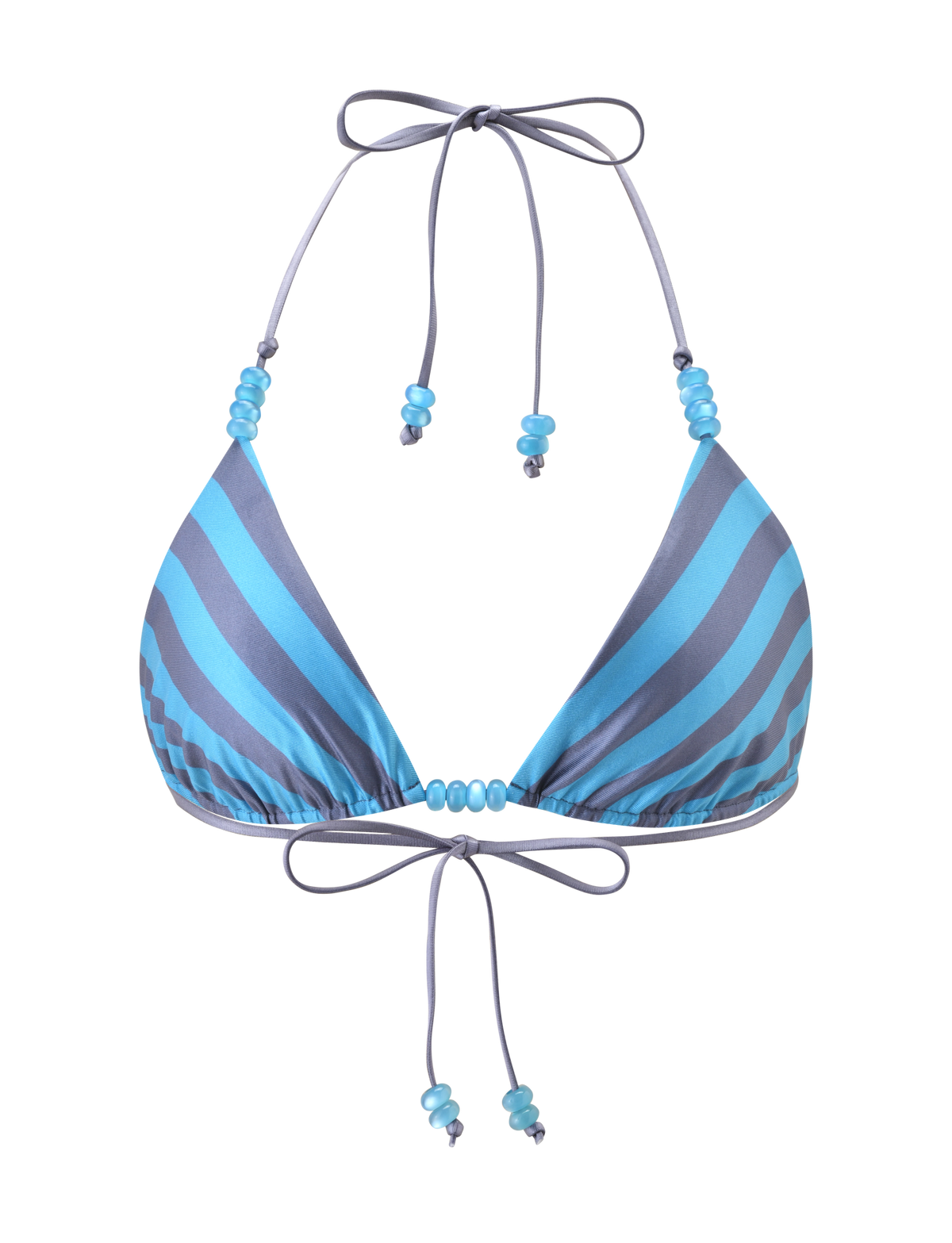 The TIGERMIST FINLEA REVERSIBLE BIKINI TOP in blue grey dot and stripe features a halter neck and back ties with light blue bead details, displayed on a plain white background.