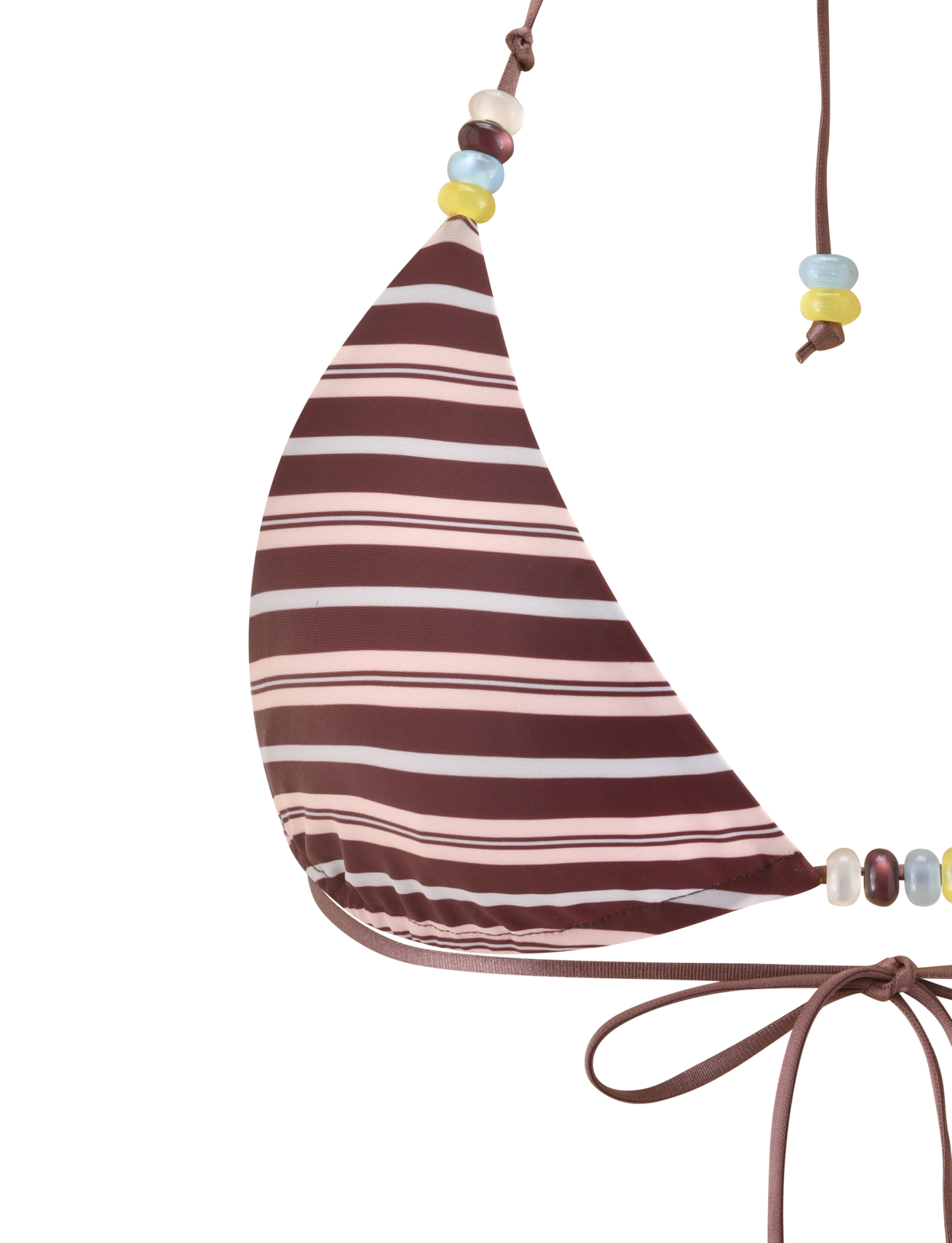 Close-up of the TIGERMIST FINLEA REVERSIBLE BIKINI TOP in brown and blue stripes, featuring an adjustable triangle design and multicolour beaded strap details. Set against a white background.