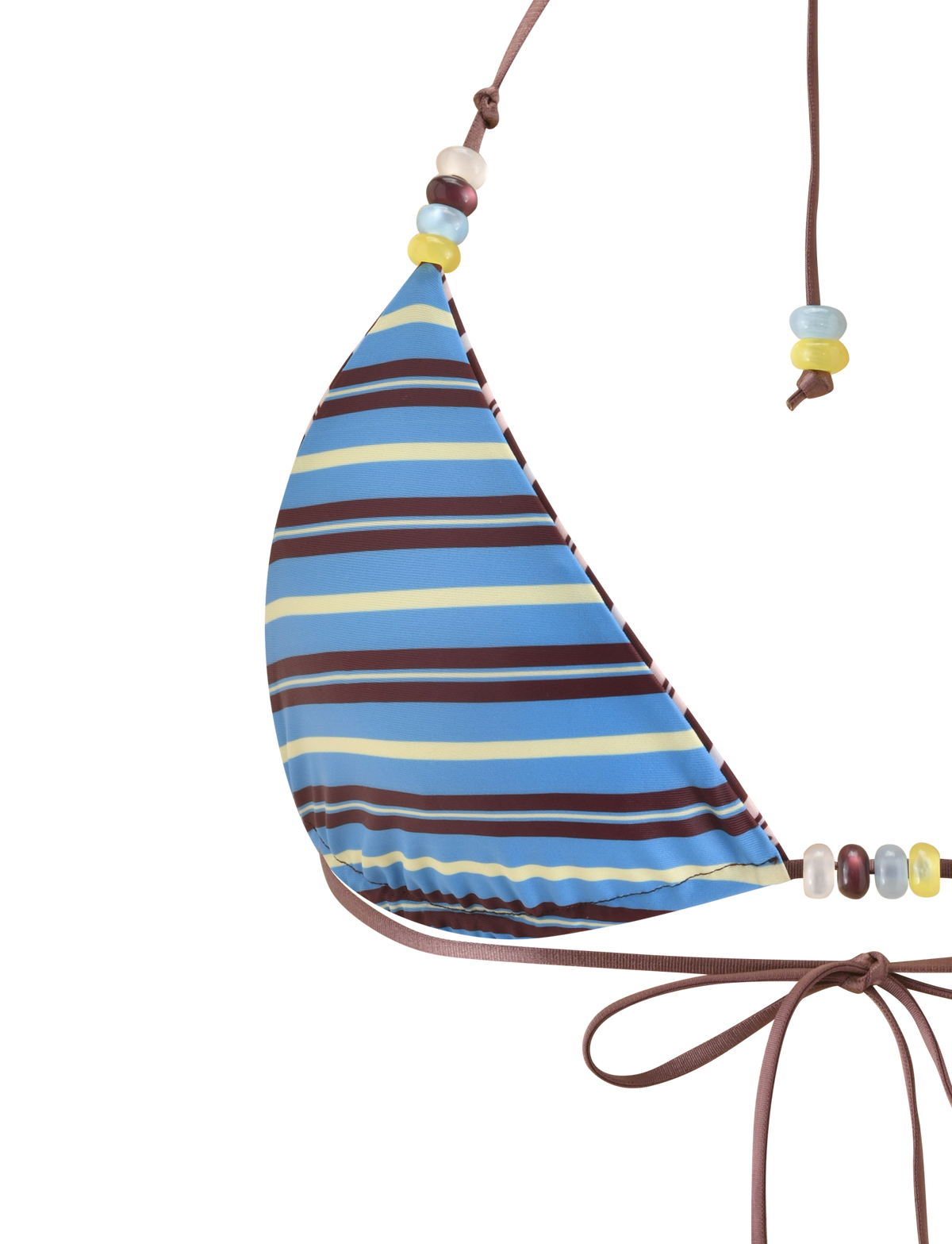 A close-up of the TIGERMIST FINLEA REVERSIBLE BIKINI TOP in brown and blue stripes, featuring adjustable triangle cups and multicolour beaded strap details, set against a white background.