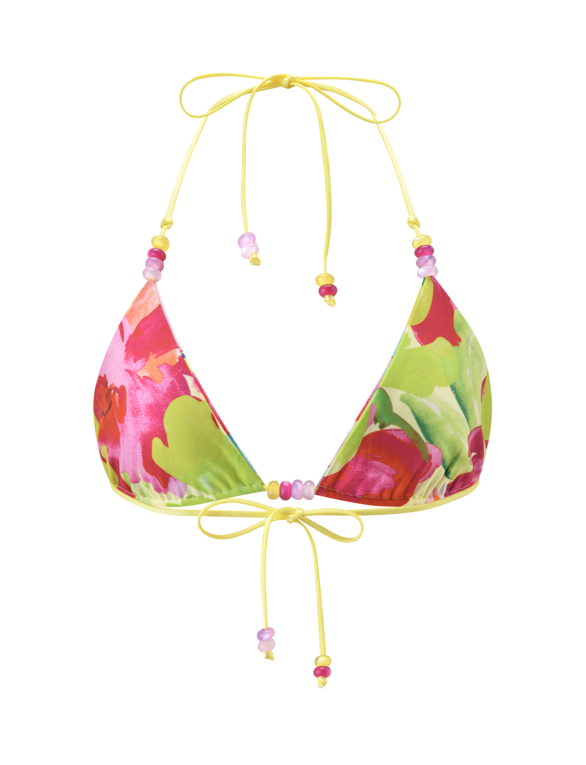 The FINLEA REVERSIBLE BIKINI TOP – GARDEN DAIQUIRI FLORAL by TIGERMIST is a vibrant triangle top with pink, green, and red floral patterns, yellow strings, and decorative pink and yellow beads on the straps.