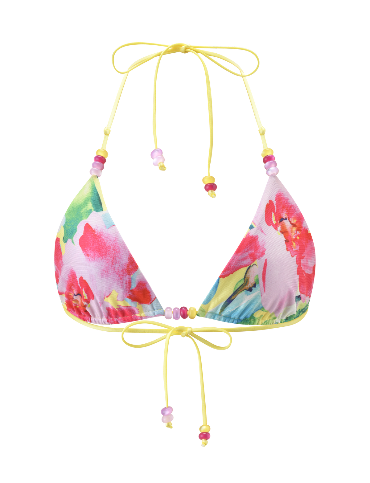 The TIGERMIST FINLEA REVERSIBLE BIKINI TOP in Garden Daiquiri Floral showcases pink, red, and green floral patterns with yellow ties and pink-purple bead accents, displayed against a white backdrop.