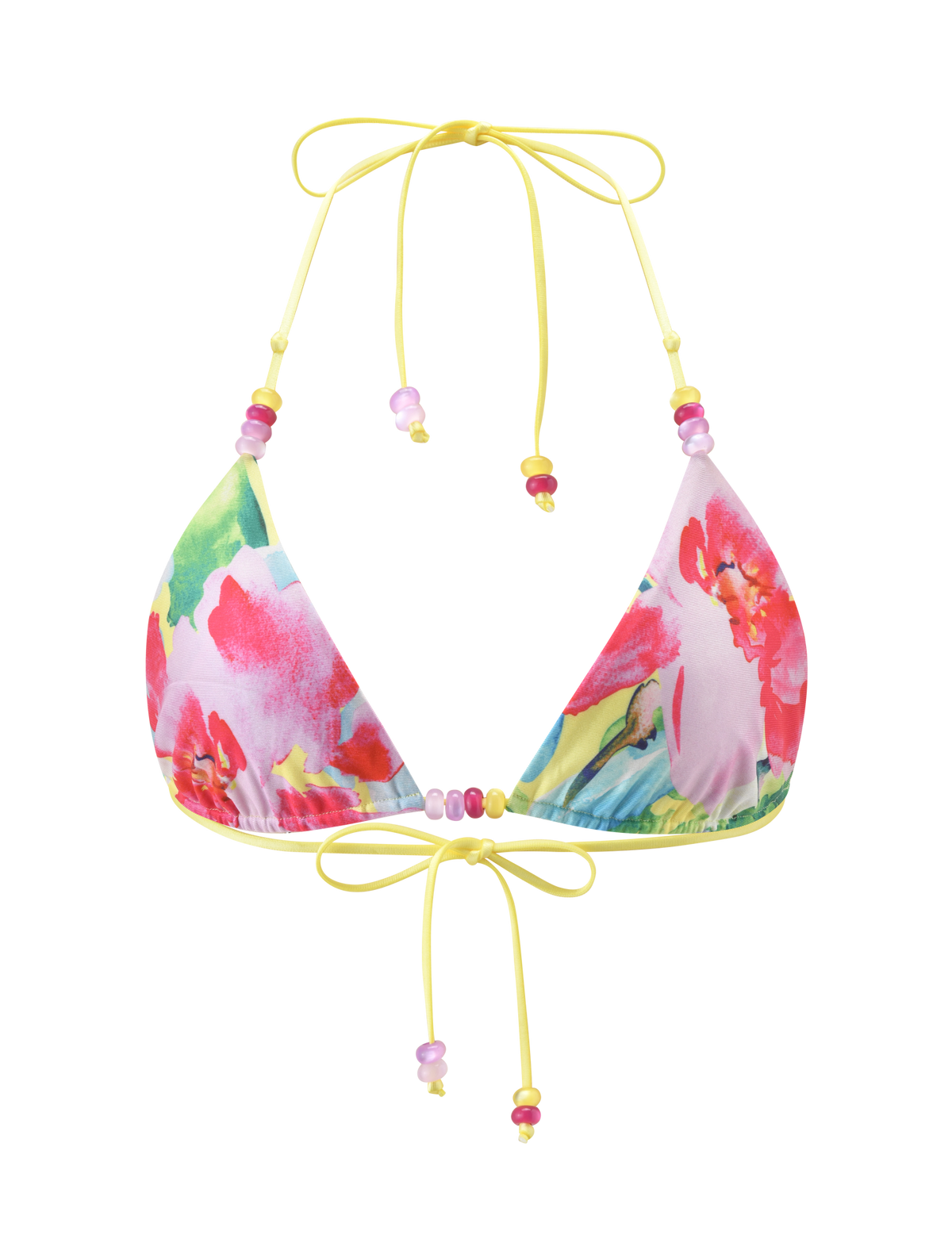 The TIGERMIST FINLEA REVERSIBLE BIKINI TOP in Garden Daiquiri Floral boasts a vibrant multicolour print, yellow adjustable straps, and pink and purple bead accents.