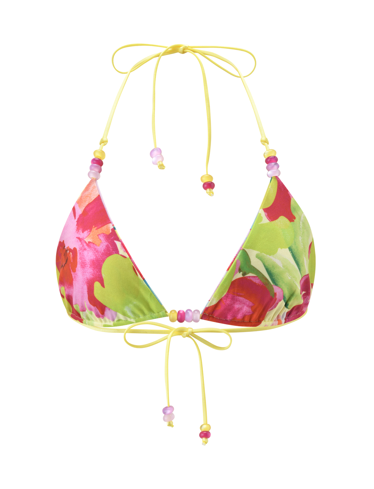 The TIGERMIST FINLEA REVERSIBLE BIKINI TOP - GARDEN DAIQUIRI FLORAL features a vibrant pink, red, and green floral pattern with yellow strings and beaded strap accents, shown on a plain white background.