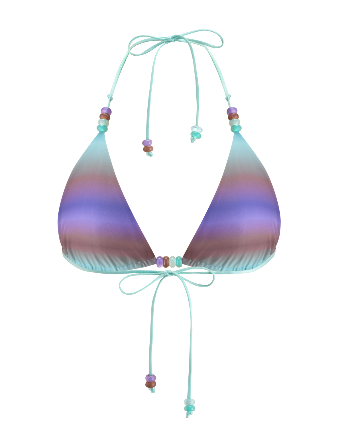 The REVERSIBLE FINLEA BIKINI TOP - MERMAID OMBRE STRIPE by TIGERMIST features a multicolor ombre gradient in blue, purple, and brown with triangle cups, halter neck and back ties, and colorful beaded accents on the strings.