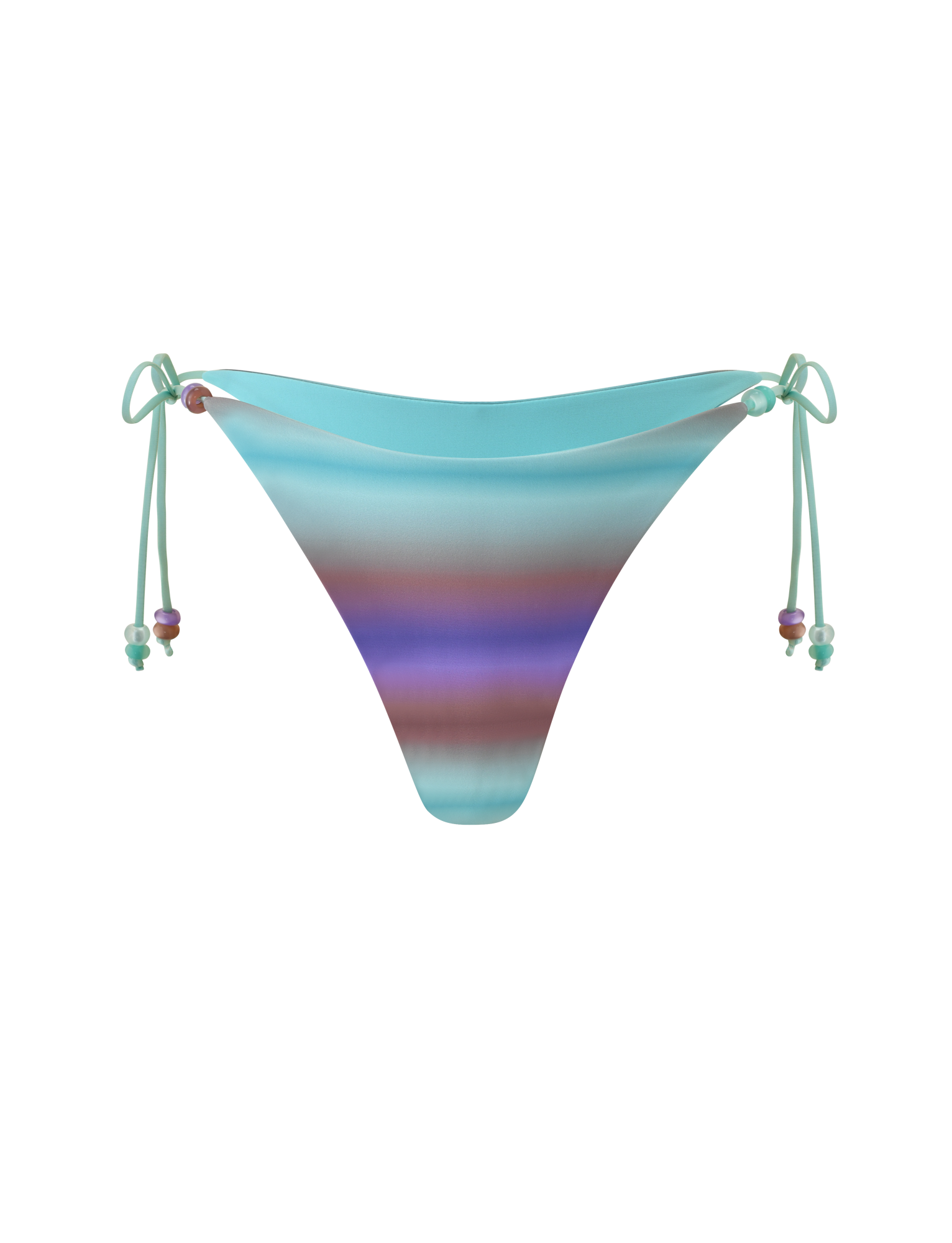 The TIGERMIST REVERSIBLE FINLEA BIKINI BOTTOM - MERMAID OMBRE STRIPE is a cheeky, reversible bikini bottom with side ties, designed with playful horizontal stripes in aqua, purple, and maroon hues set against a white background for versatile and stylish beachwear.