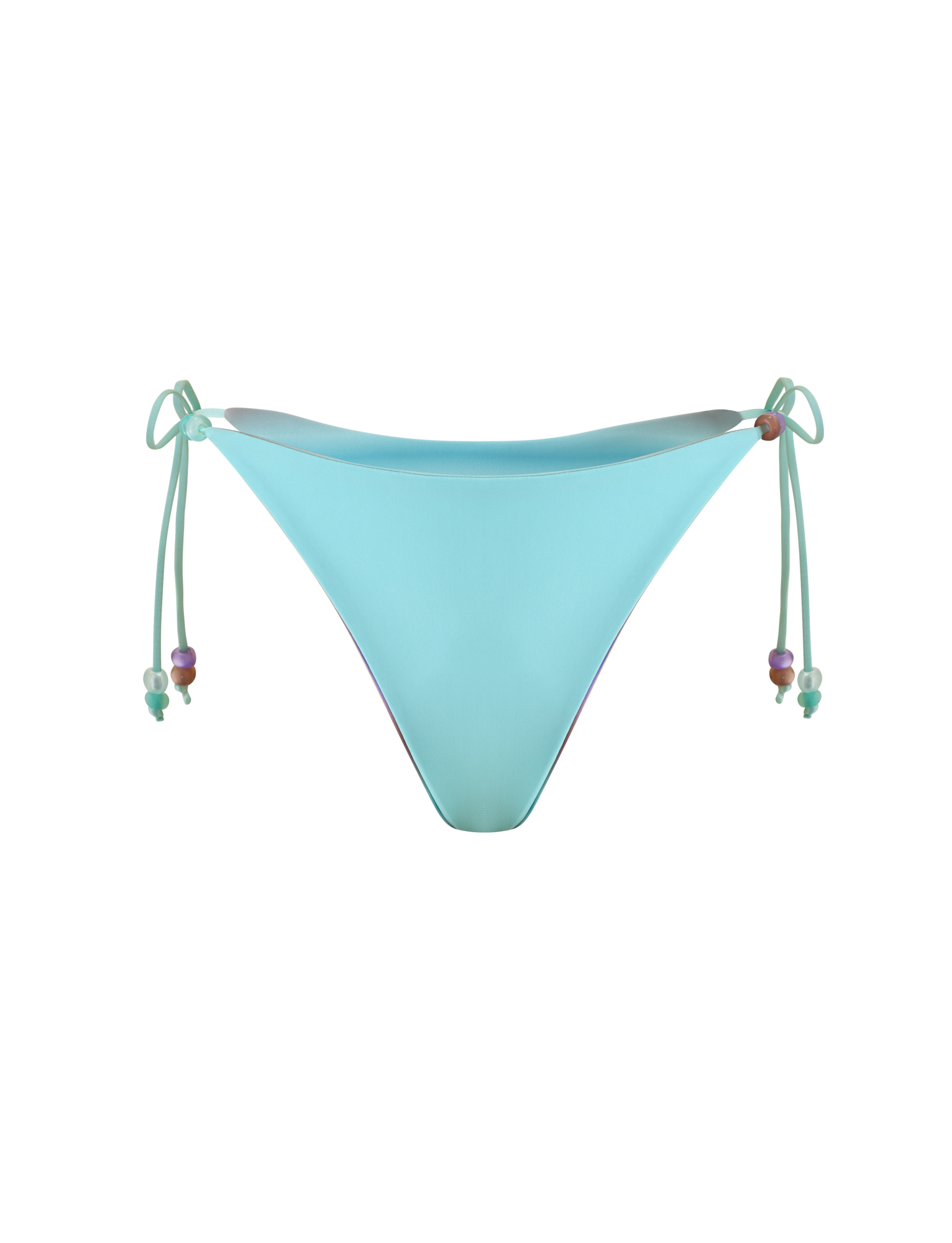 The REVERSIBLE FINLEA BIKINI BOTTOM - MERMAID OMBRE STRIPE by TIGERMIST features a light blue, cheeky bikini cut with side ties adorned with small, colorful beads, shown against a white background.
