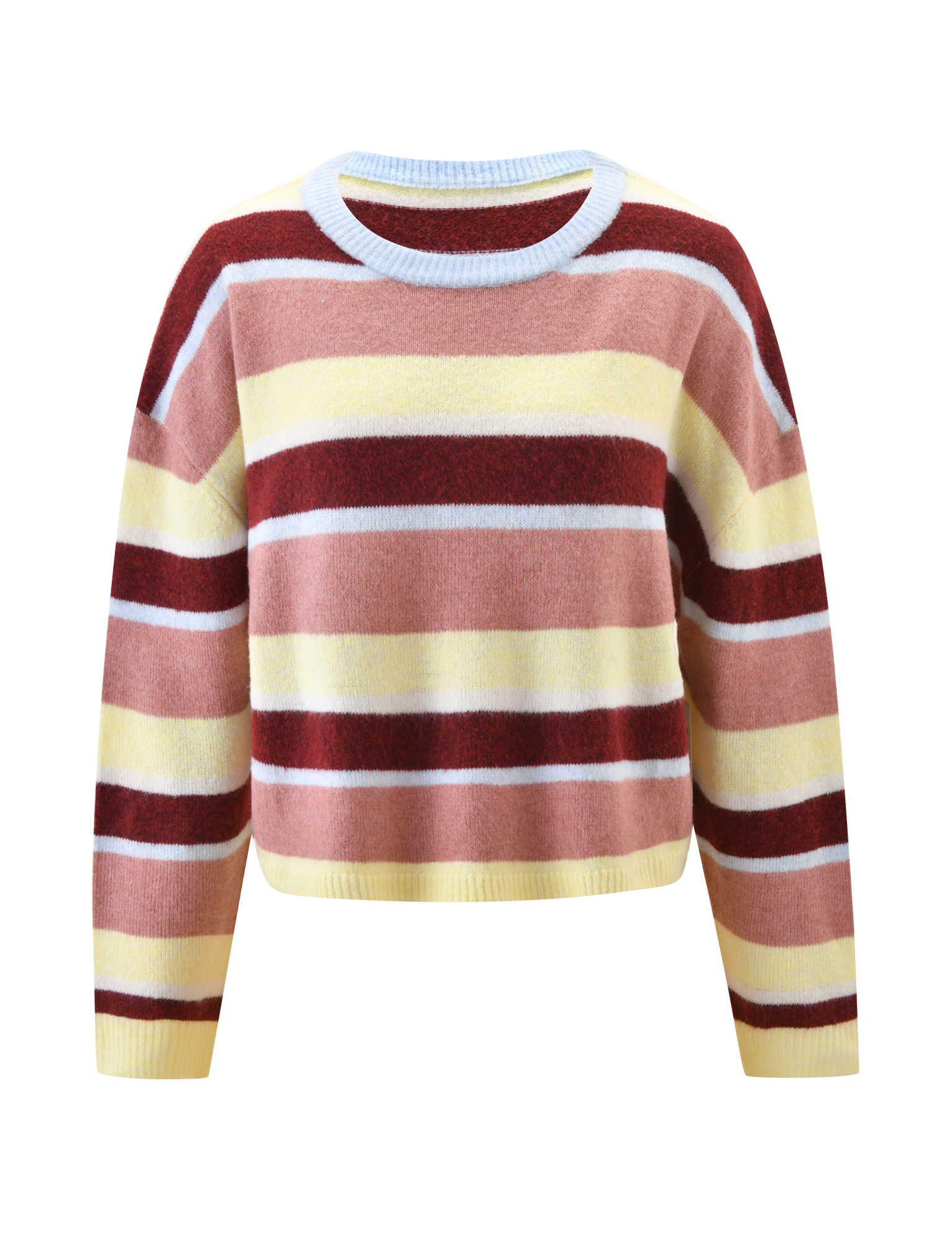 The TIGERMIST KOA 2.0 STRIPED JUMPER - TAN STRIPE is a long-sleeved, crew-neck sweater featuring horizontal stripes in pink, burgundy, yellow, and white on a plain white background.