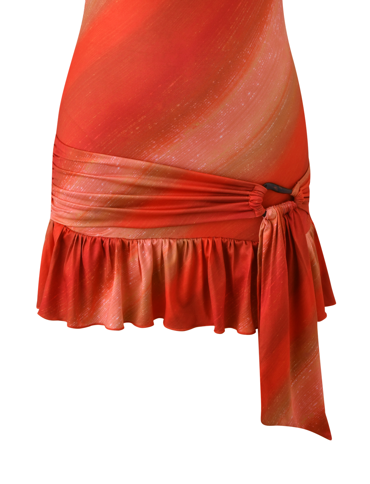 Close-up of the TIGERMIST HAELO MINI DRESS in Sunrise Glitter Stripe, featuring an ombre gradient, red and orange ruffled hem, side knot with draped tie, and a soft fabric with a slight sheen.