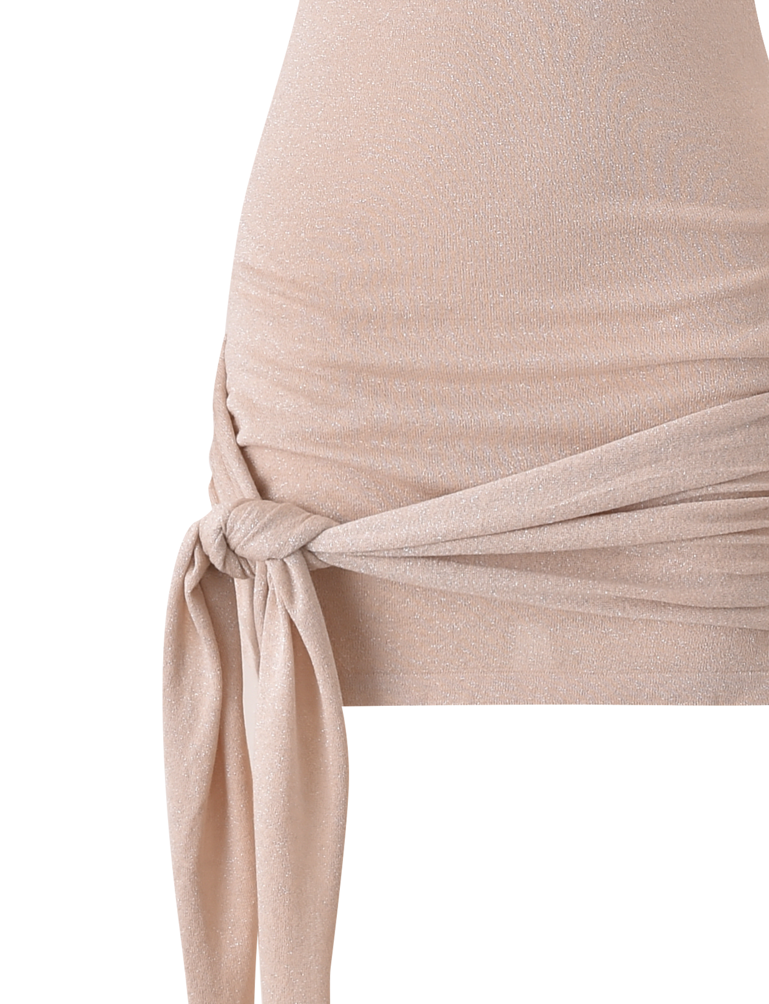 Close-up of the SOTERA KNIT MINI DRESS in gold by TIGERMIST, a sparkly bodycon style with soft, stretchy fabric, shimmery finish, and side knot detail draping at the hip.